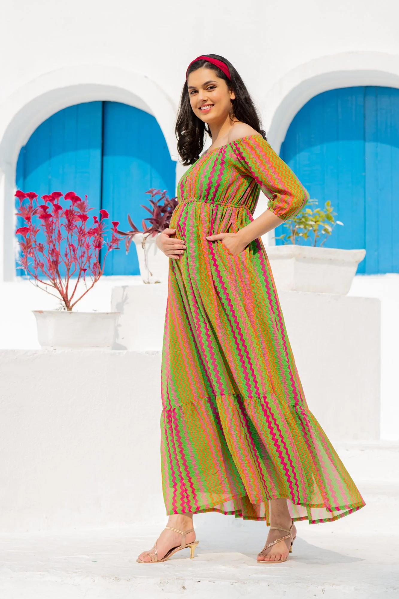 Flowy Dual Off-Shoulder Boat Neck Maternity & Nursing Maxi Dress - Chenance