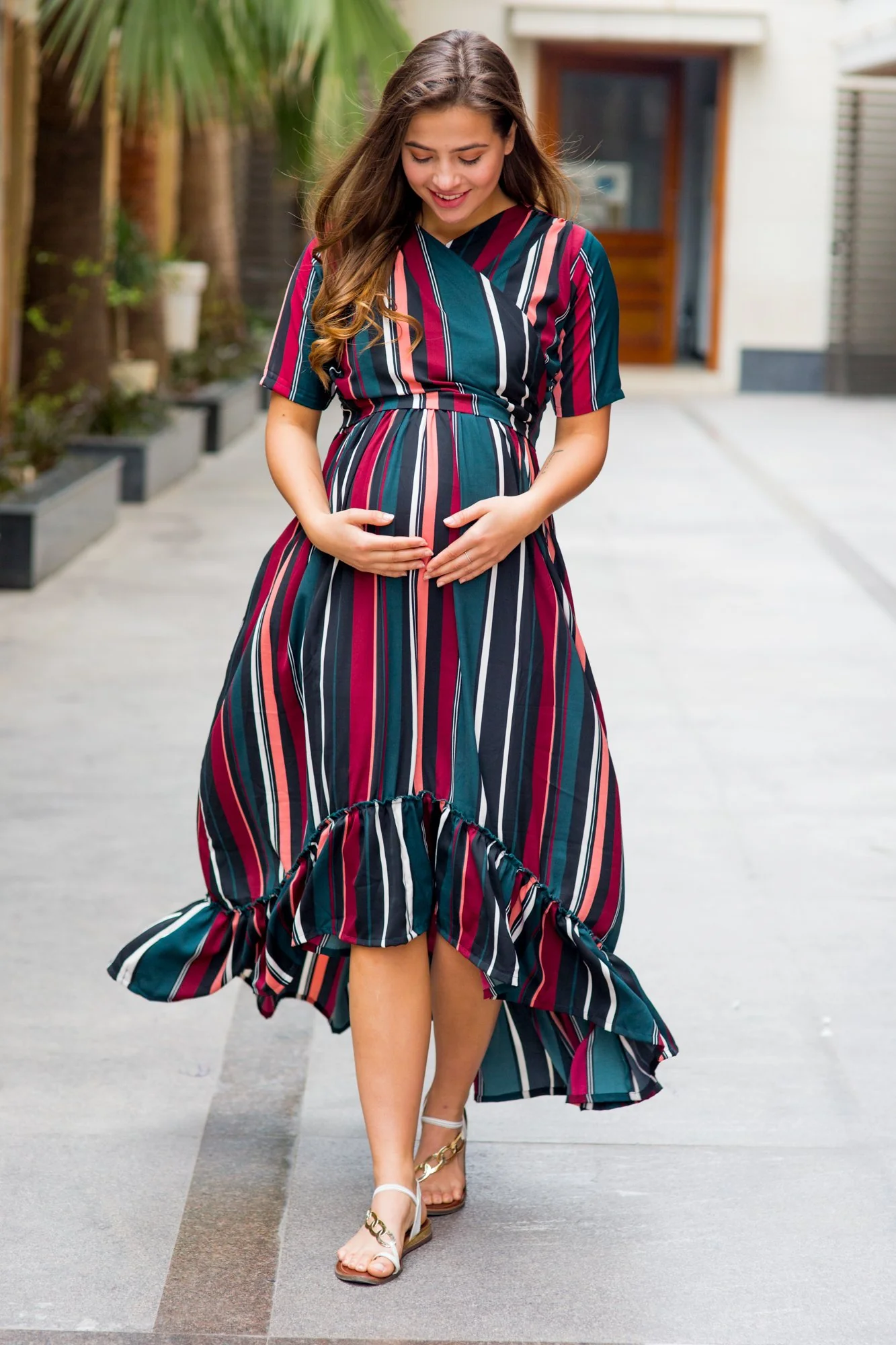 Royal Multi Striped Maternity & Nursing Wrap Dress - Chenance