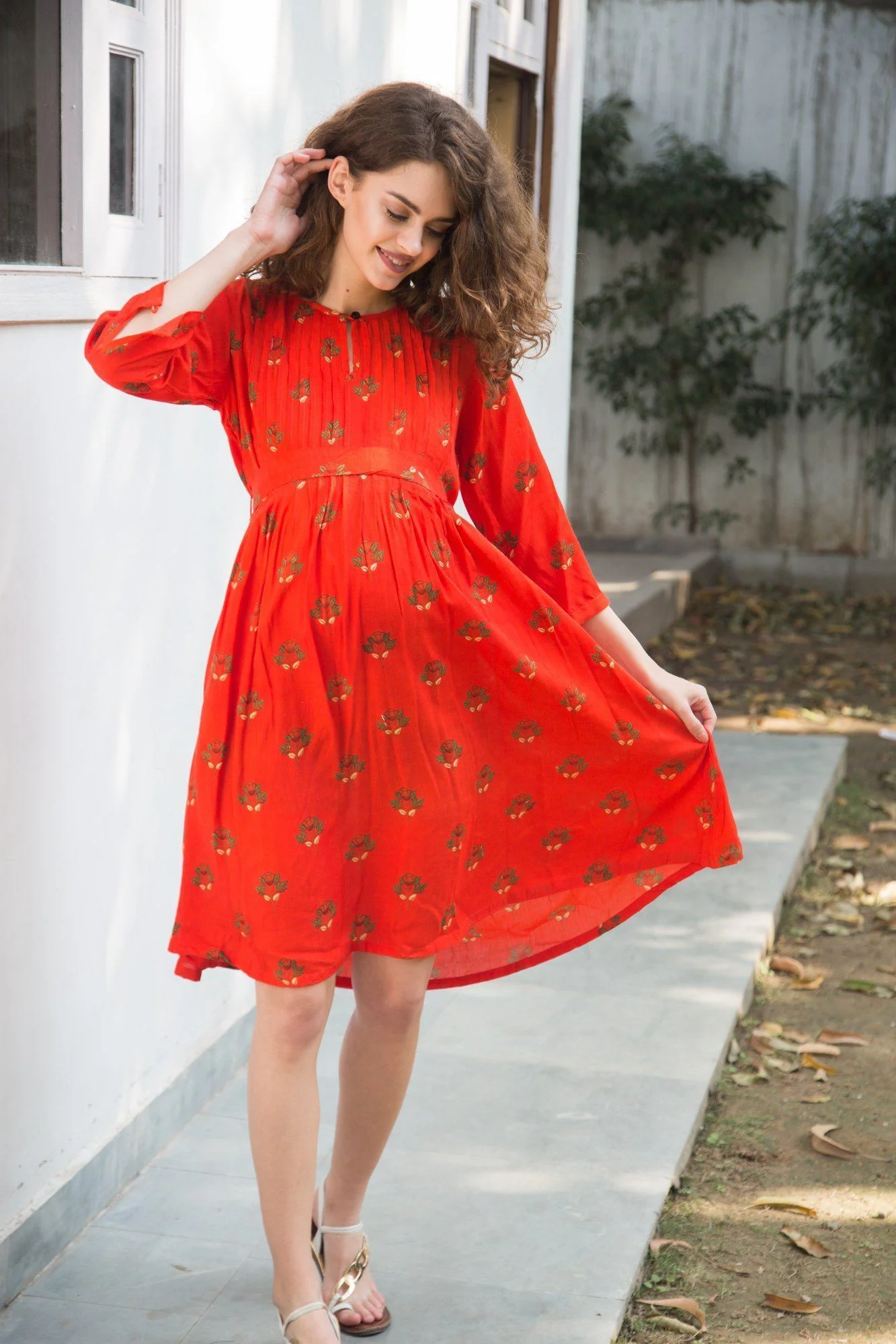 Scarlet Floral Pintucks  Maternity & Nursing Kurta Dress - Chenance