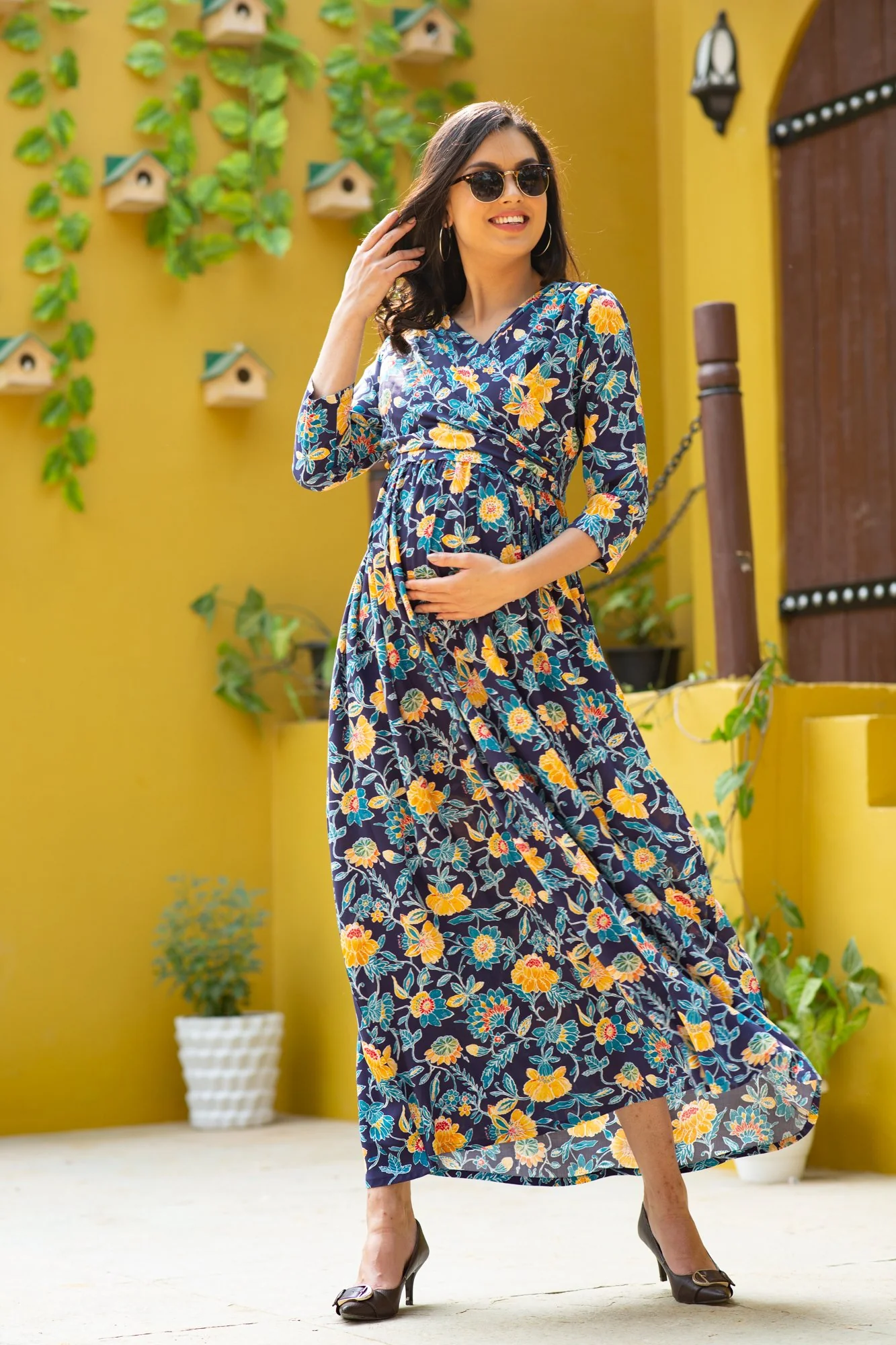 Navy Blossom Maternity & Nursing Wrap Dress - Chenance