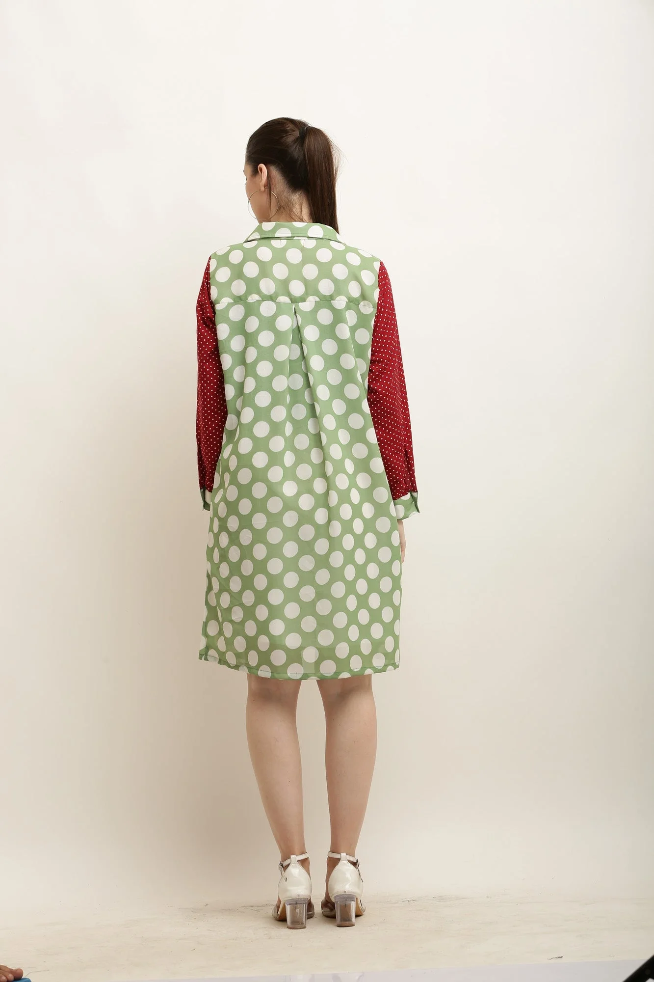 Merry Polka Printed Red-Green Shirt Dress - Chenance