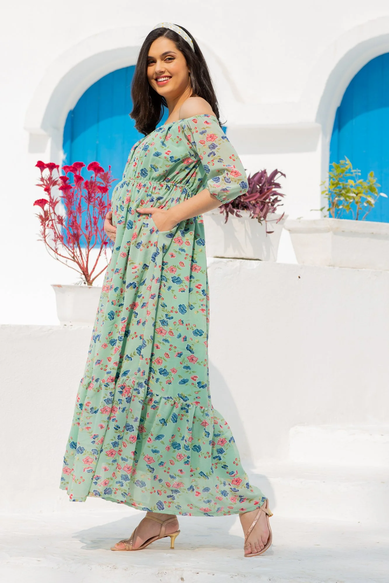 Mint Green Floral Dual Off-Shoulder Boat Neck Maternity & Nursing Maxi Dress - Chenance