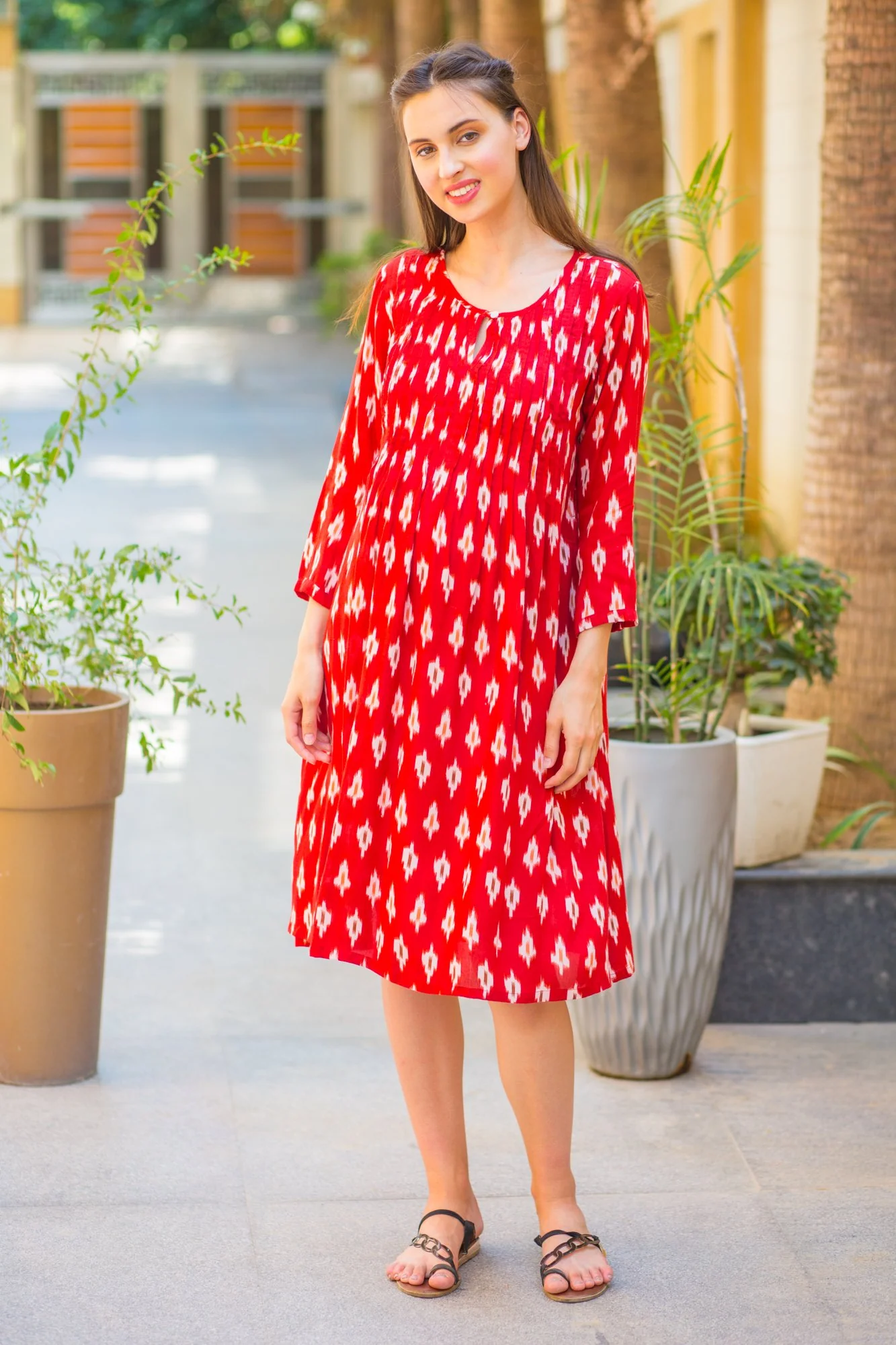 Scarlet Red Pintucks Maternity & Nursing Kurta Dress - Chenance