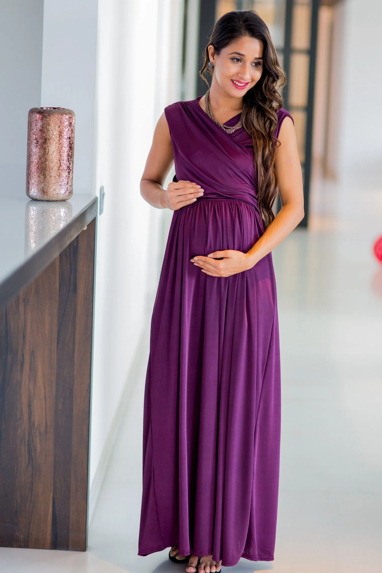Plum Flowing Sleeveless Maternity & Nursing Wrap Dress - Chenance