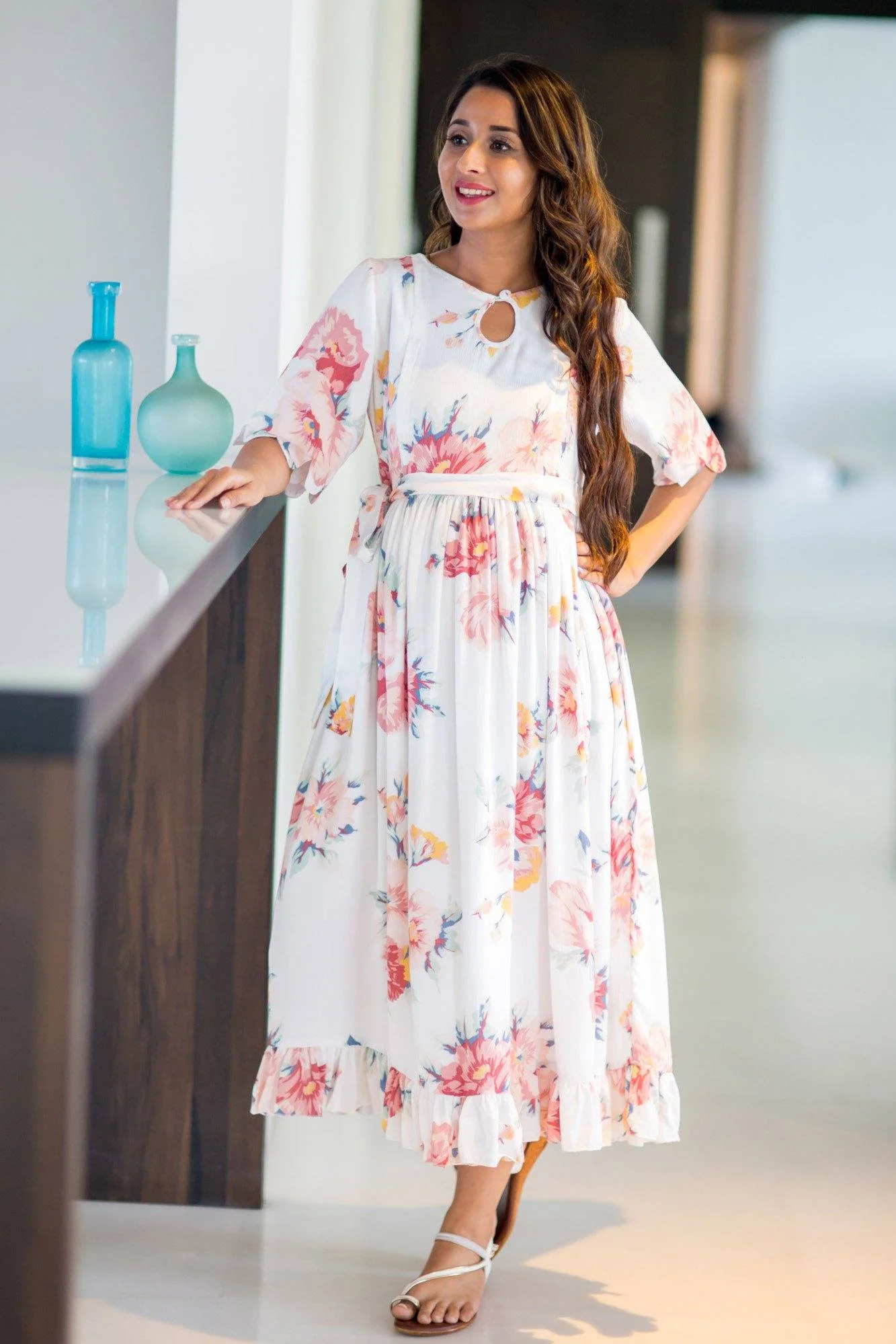 White Floral Frill Concealed Zips Nursing Dress - Chenance