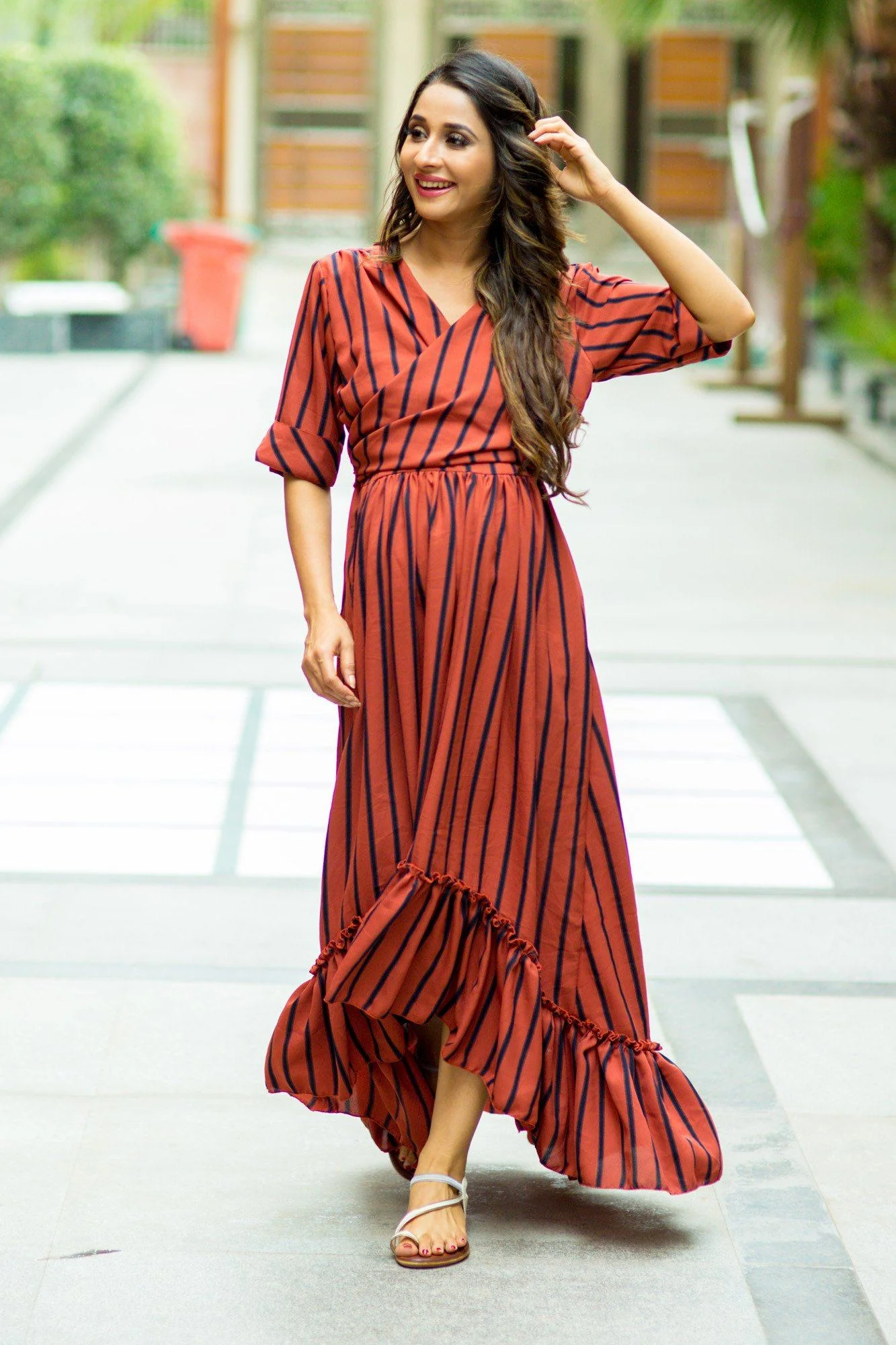Rust Striped Hi-Low Frill Wrap Dress - Chenance