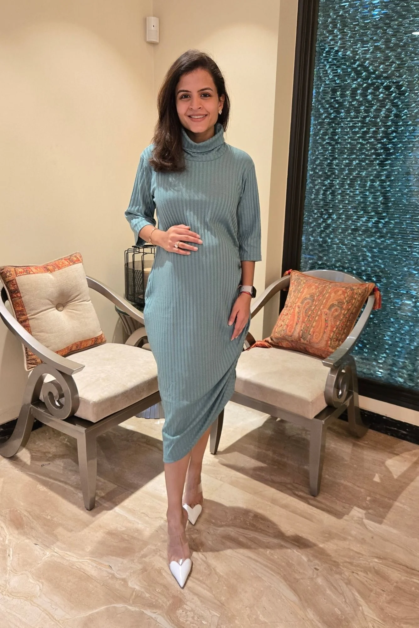 Refined Dusty Teal Ribbed Maternity Fitted Winter Dress - Chenance