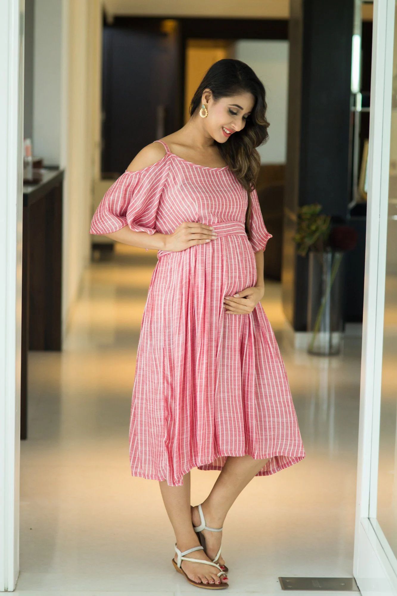 Free Spirited Red Stripe Cold Shoulder Maternity Dress - Chenance