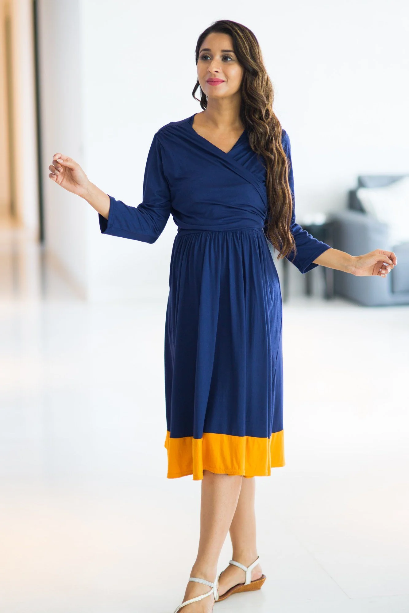 Deep Blue Mustard Wrap Tie Maternity & Nursing Dress - Chenance