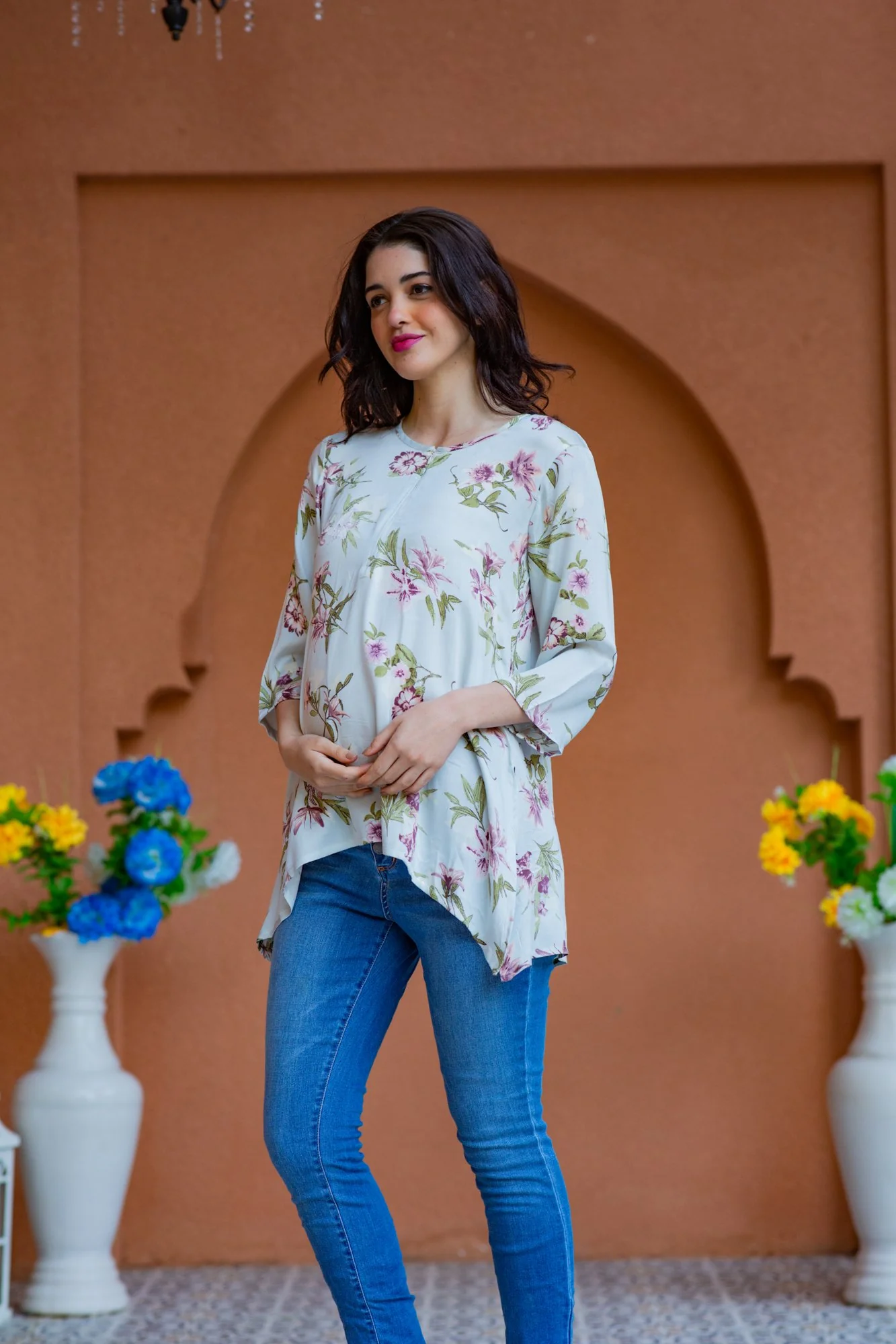 Mint Floral Viscose Maternity & Nursing Top - Chenance