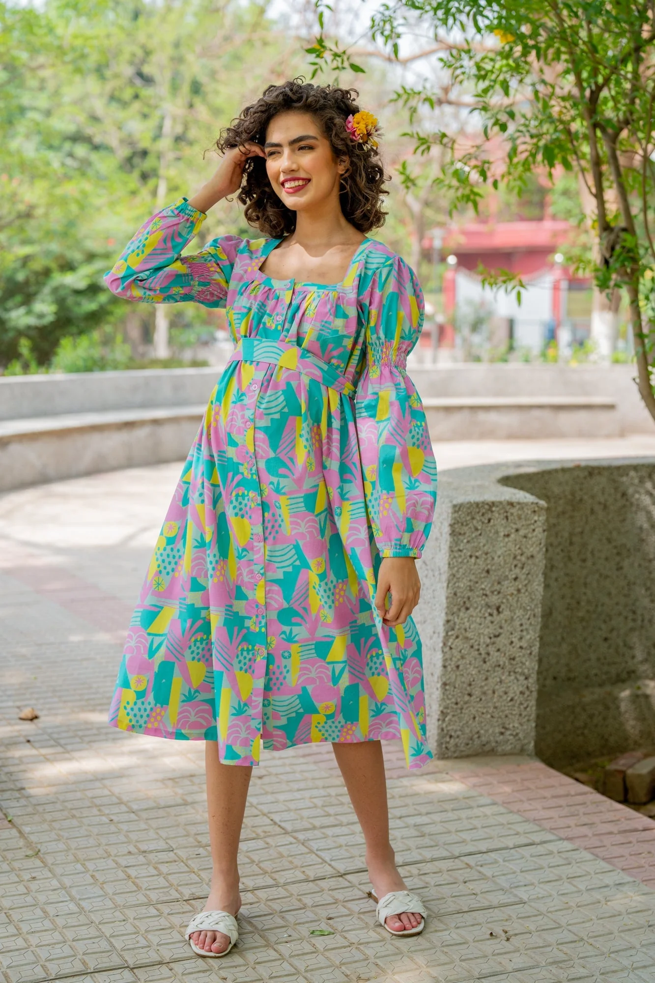 Dusty Blue Yellow Abstract Maternity & Nursing Dress (100% Cotton) - Chenance