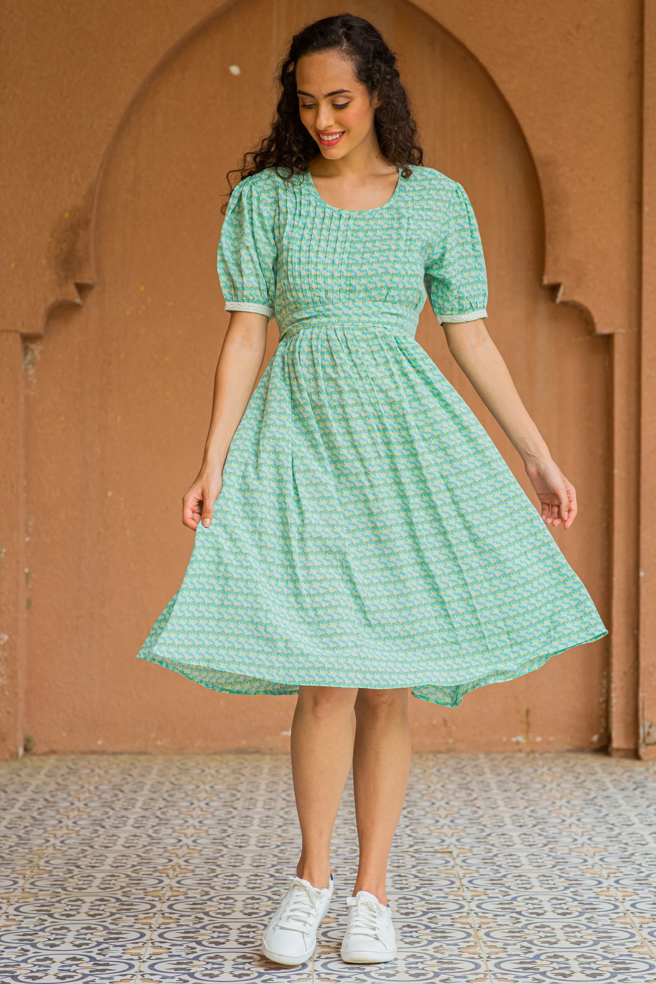 Pistachio Floral Maternity & Nursing Pintucks Knee Dress - Chenance