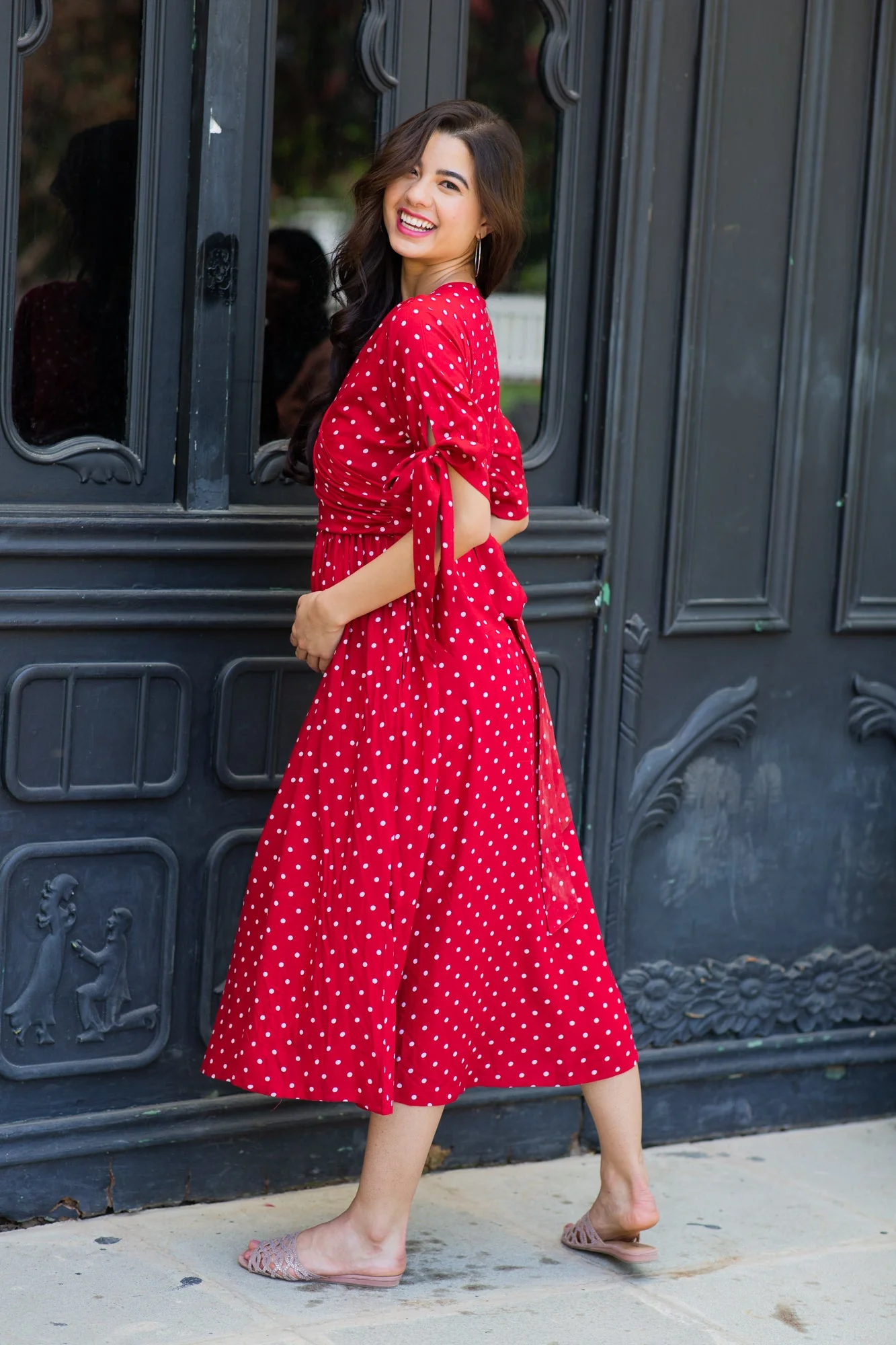Paradise Cherry Dotted Maternity & Nursing Midi Wrap Dress - Chenance
