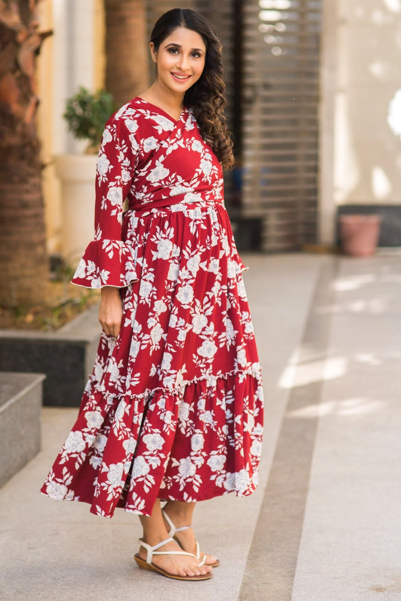 Burgundy Floral Frill Bubble Georgette Maternity & Nursing Wrap Dress - Chenance