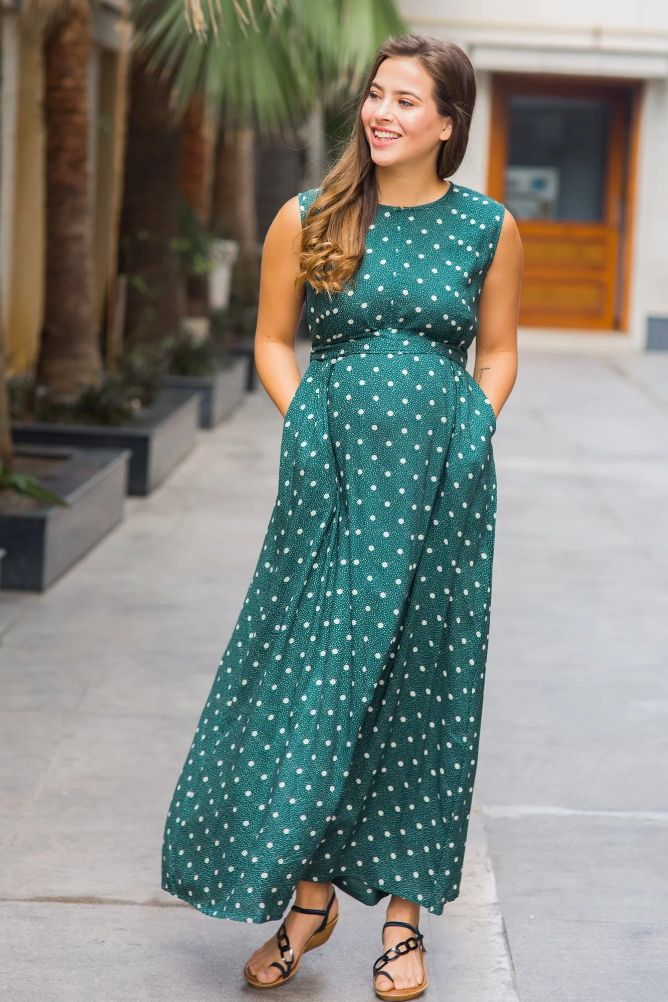 Bottle Green Polka Maternity & Nursing  Front Zip Dress - Chenance