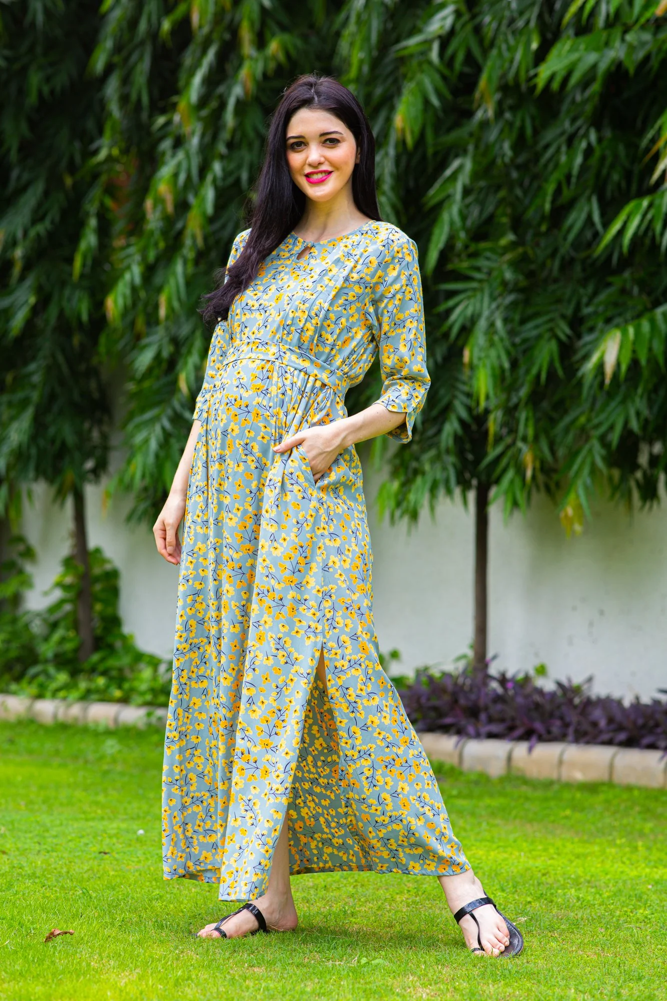 Bottle Green Concealed Zips Maternity & Nursing Dress - Chenance