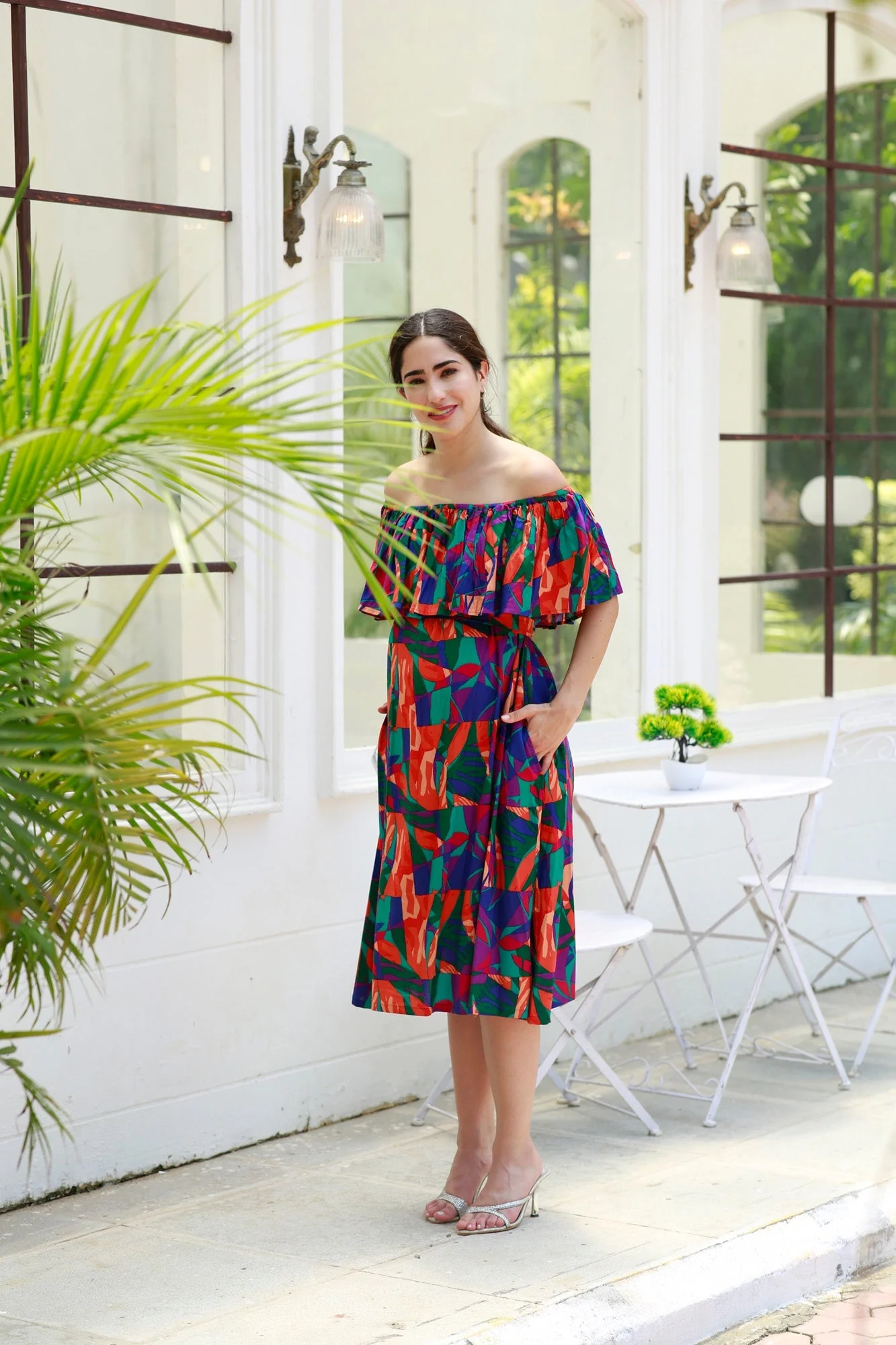 Retro Abstract Blue Off-Shoulder Maternity Frill Dress - Chenance