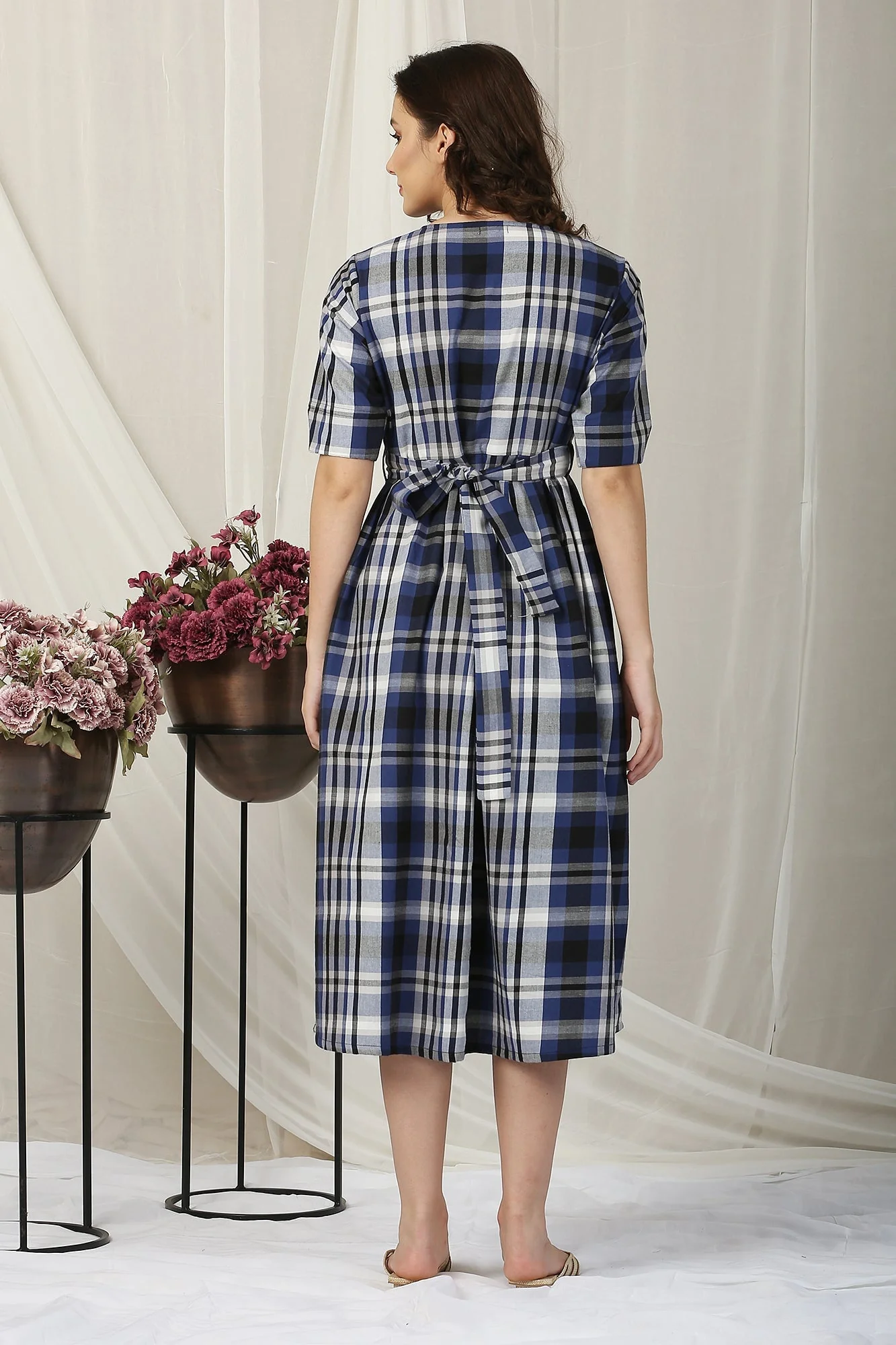 Classy Blue Plaid Maternity & Nursing Dress - Chenance