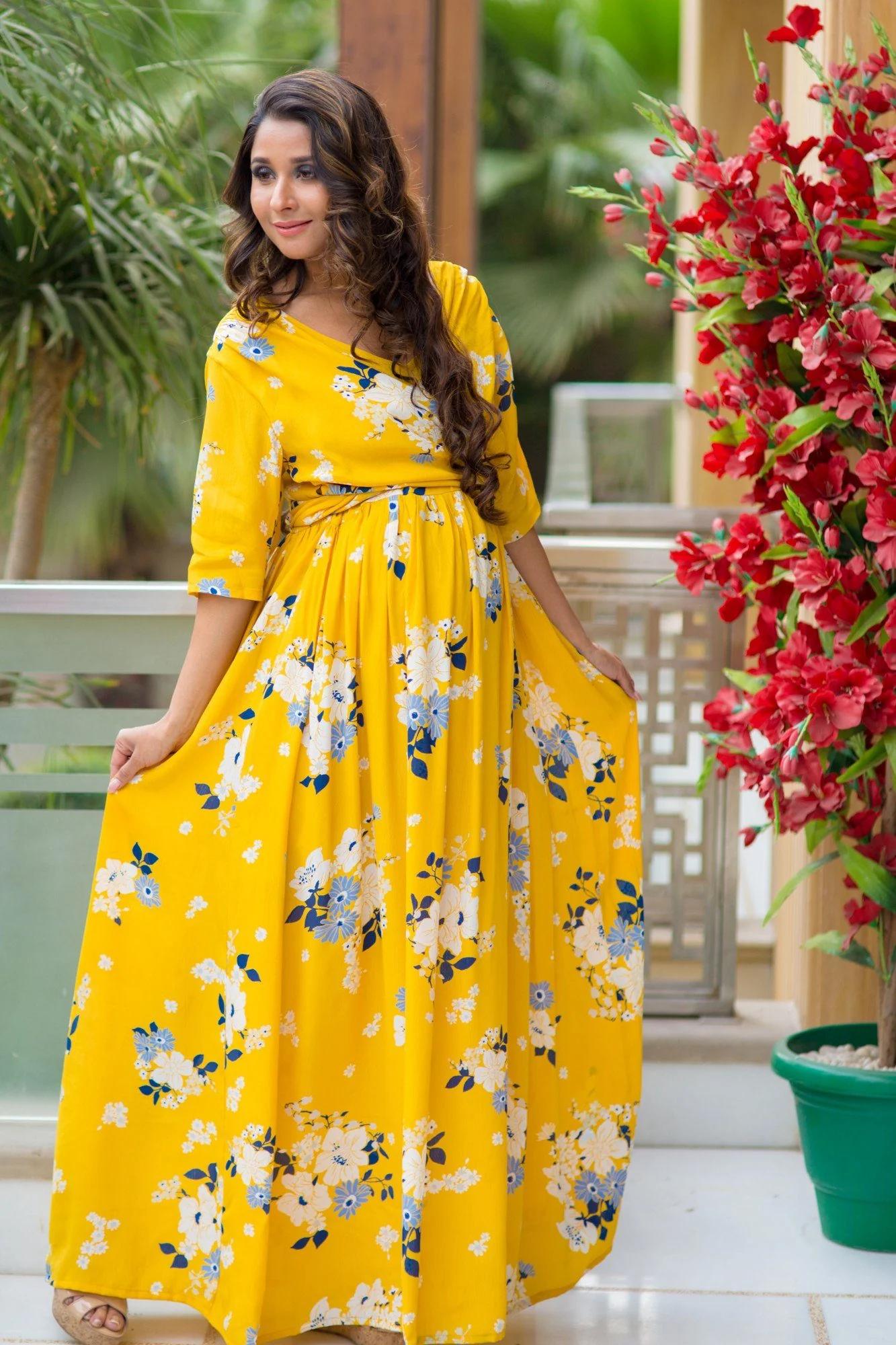 Hello Yellow Floral Maternity & Nursing Soft Crepe Wrap Dress - Chenance