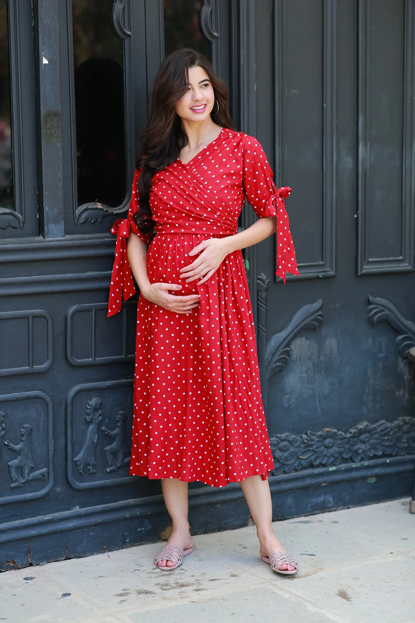 Paradise Cherry Dotted Maternity & Nursing Midi Wrap Dress - Chenance