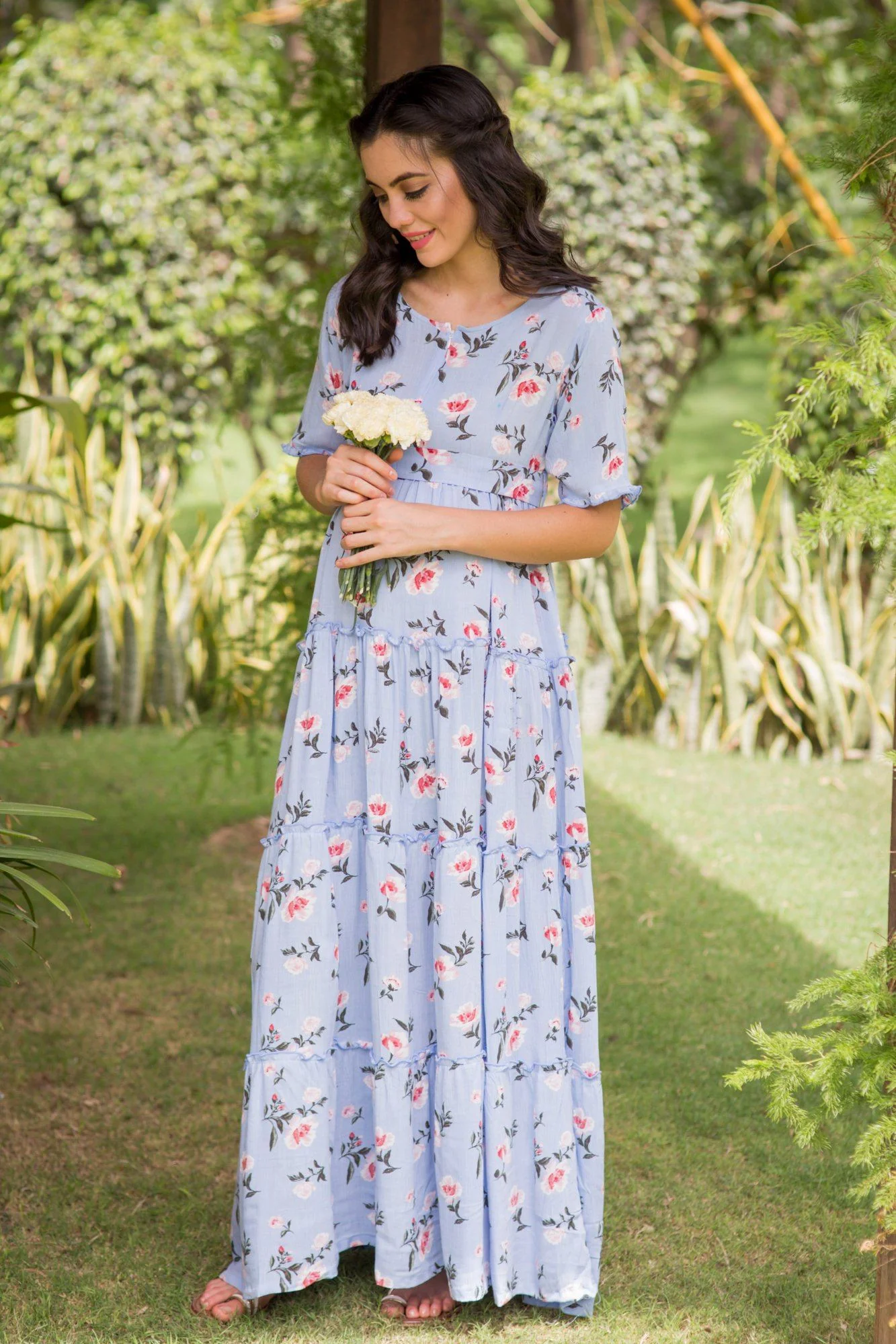 Multilayer Baby Blue Frill Maternity & Nursing Dress - Chenance