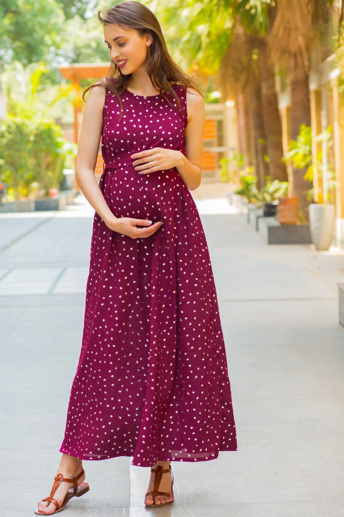 Burgundy Silver Embellished Sleeveless Maternity & Nursing Maxi Dress - Chenance