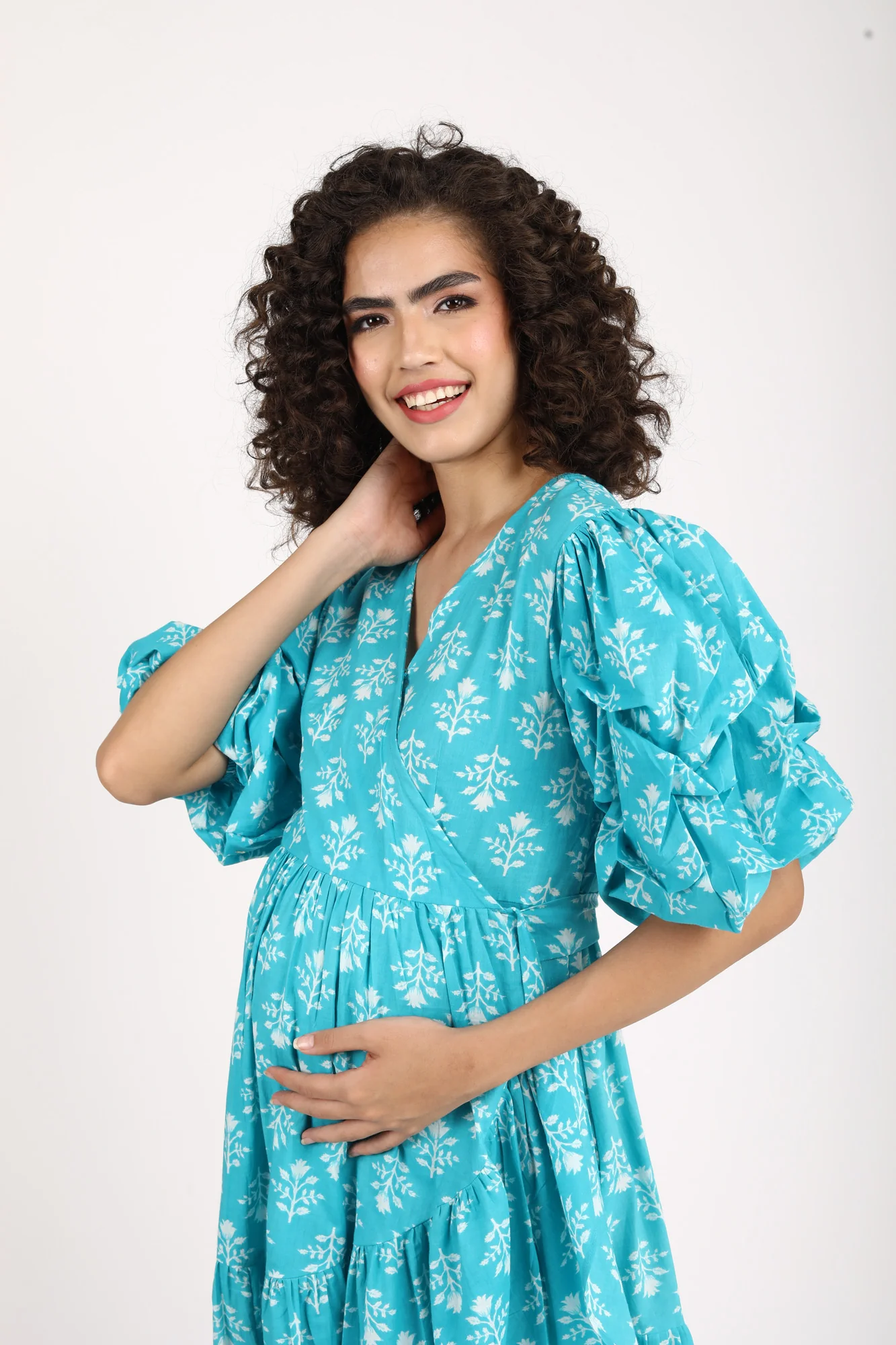 Love Iris Blue Maternity & Nursing Frill Wrap Dress (100% Cotton) - Chenance