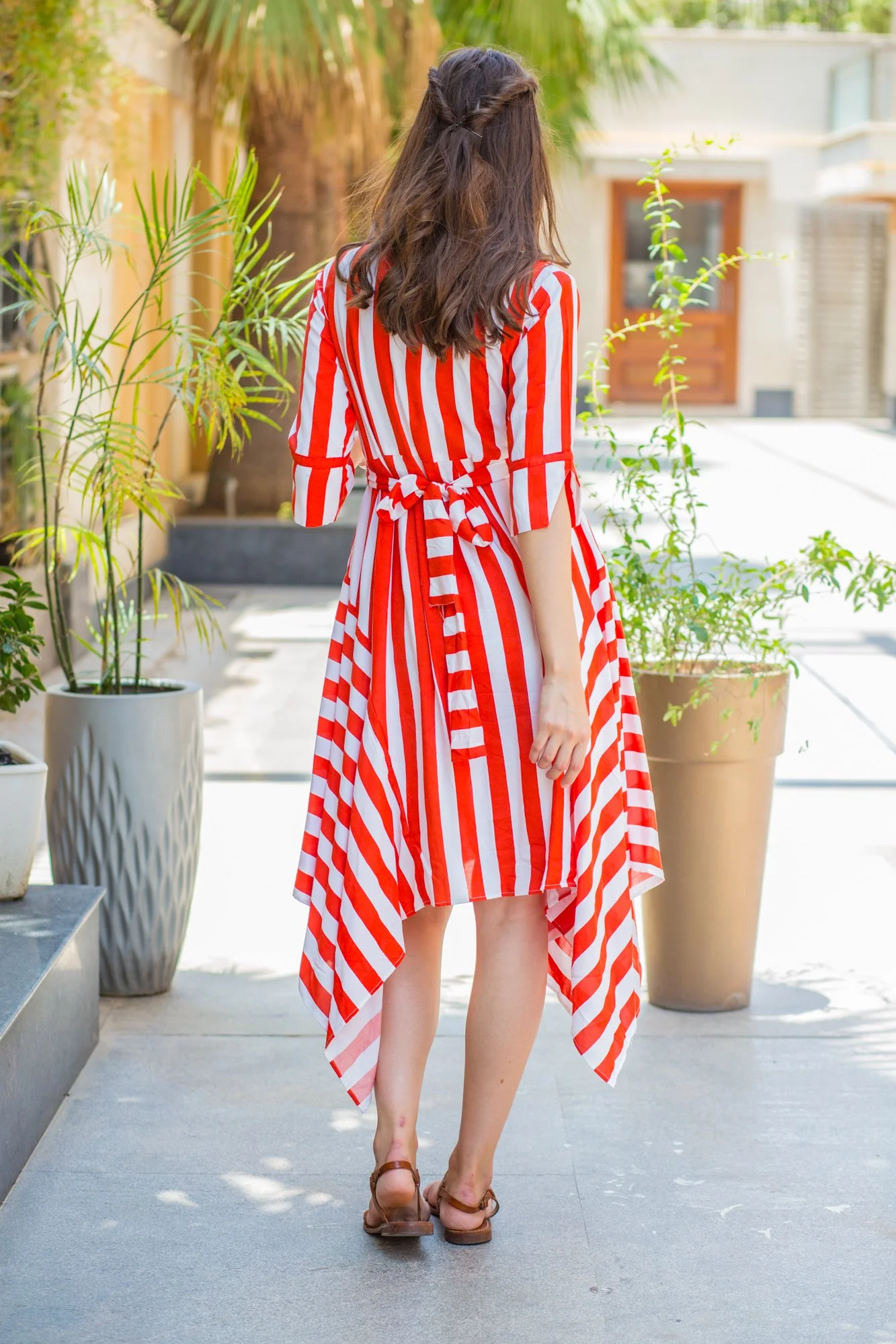 Candy Red Striped Maternity & Nursing Assymetrical Dress - Chenance