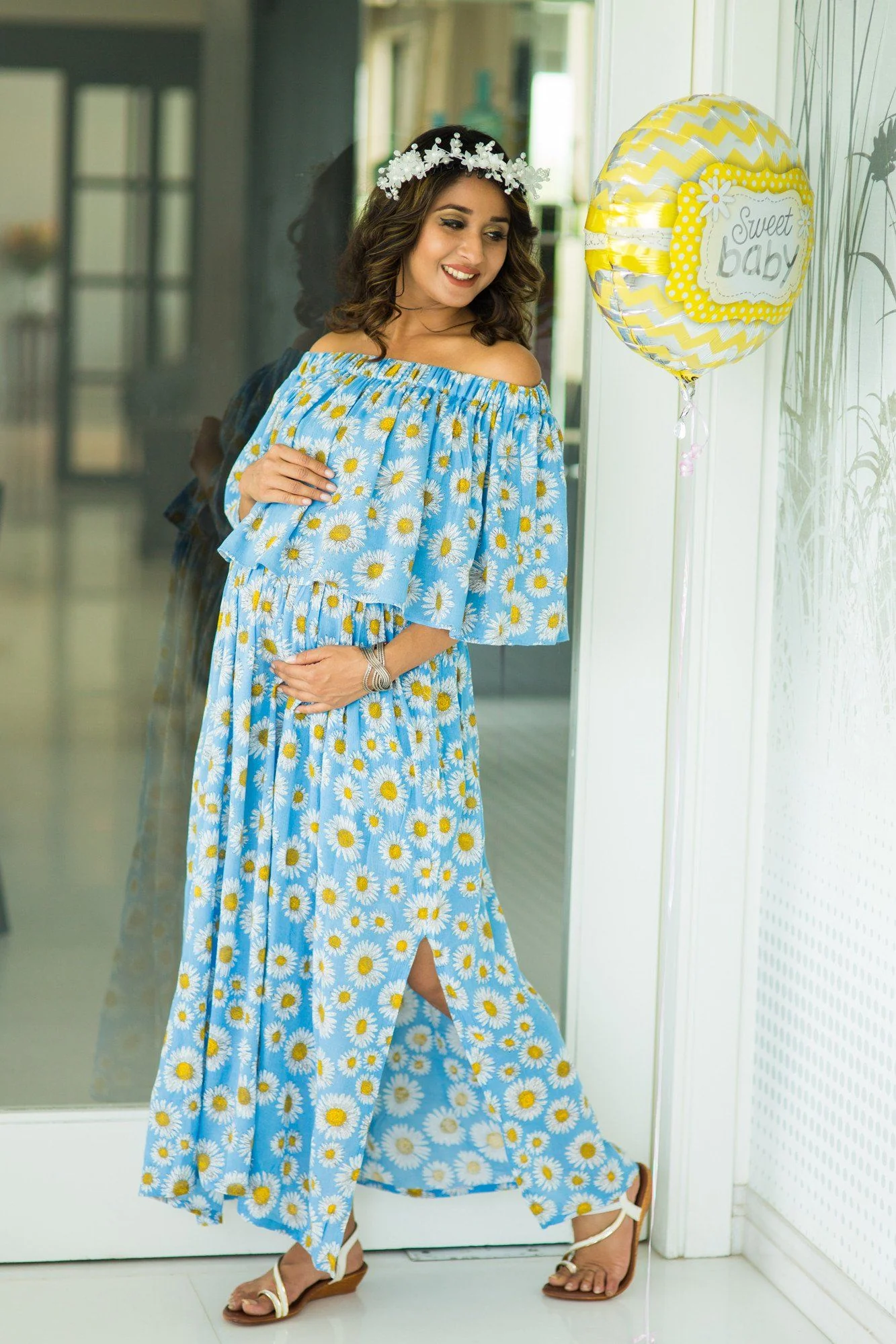 Sun flower Off-Shoulder Maternity Maxi Dress - Chenance