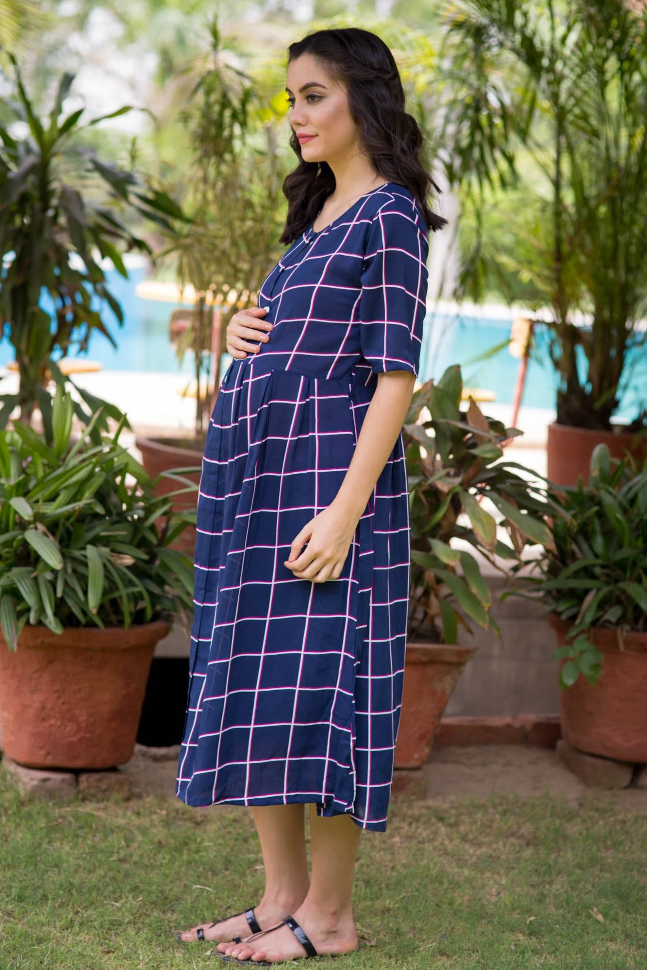 Navy Cotton Maternity and Nursing Dress - Chenance