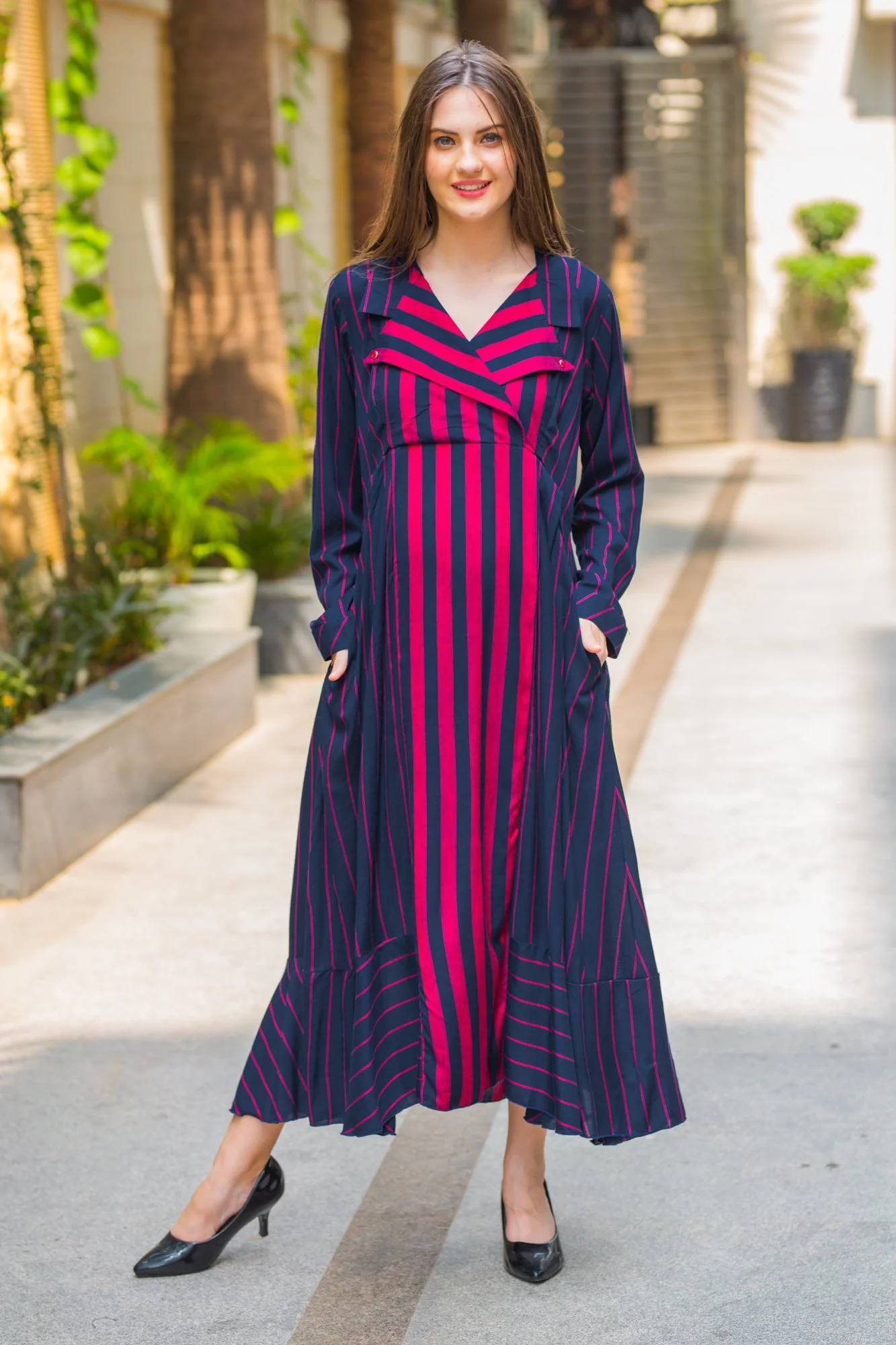 Regal Striped Maternity & Nursing Dress - Chenance