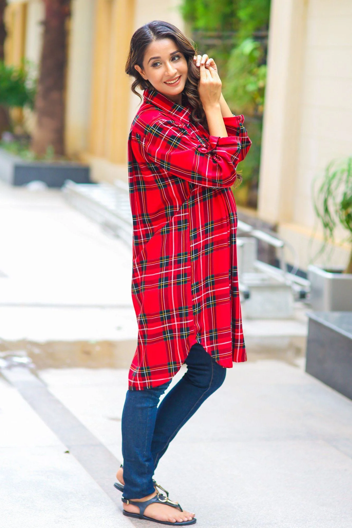 Red Plaid Versatile Maternity & Nursing Shirt Dress - Chenance