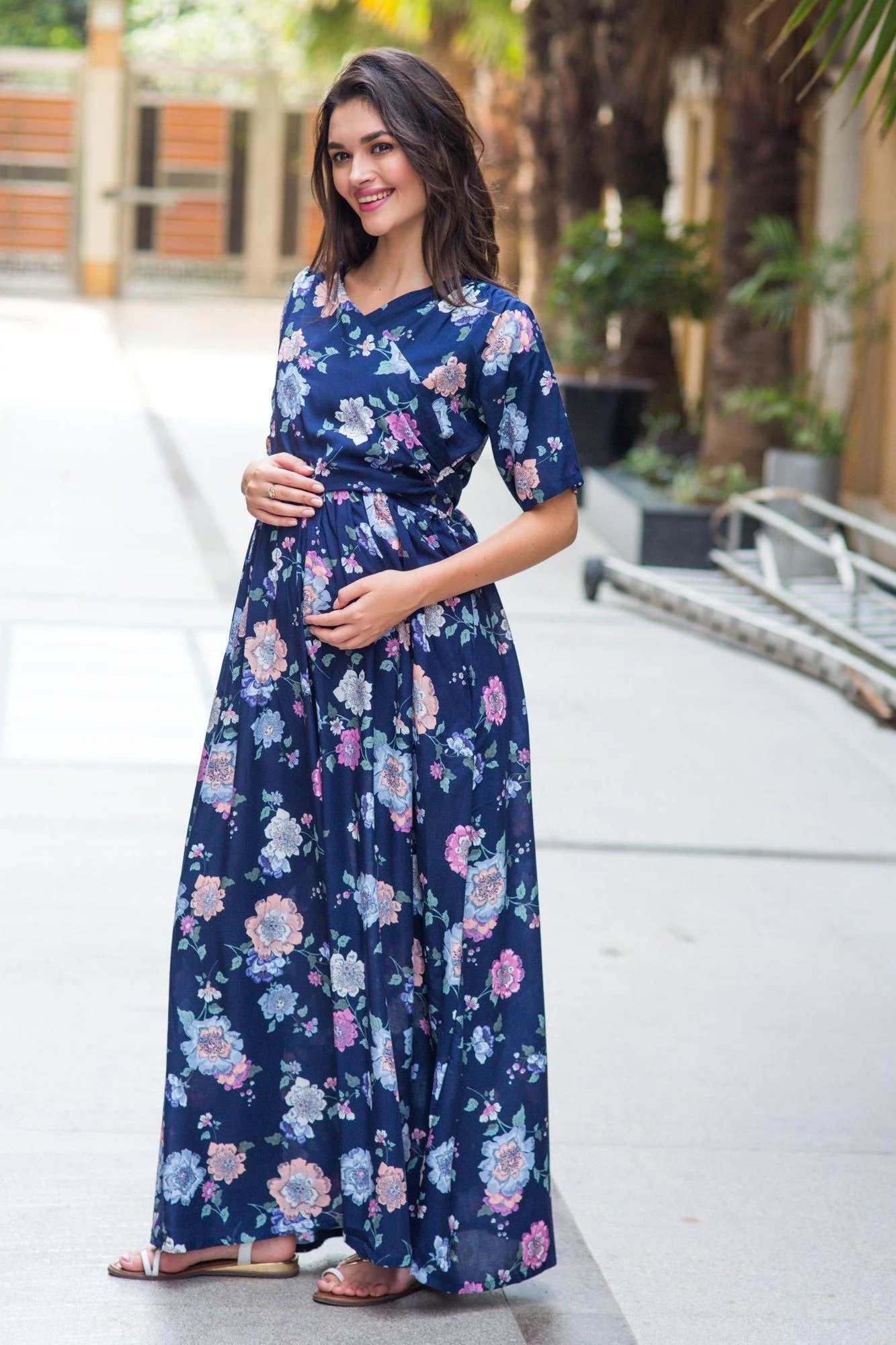 Navy Floral Maternity & Nursing Wrap Dress - Chenance