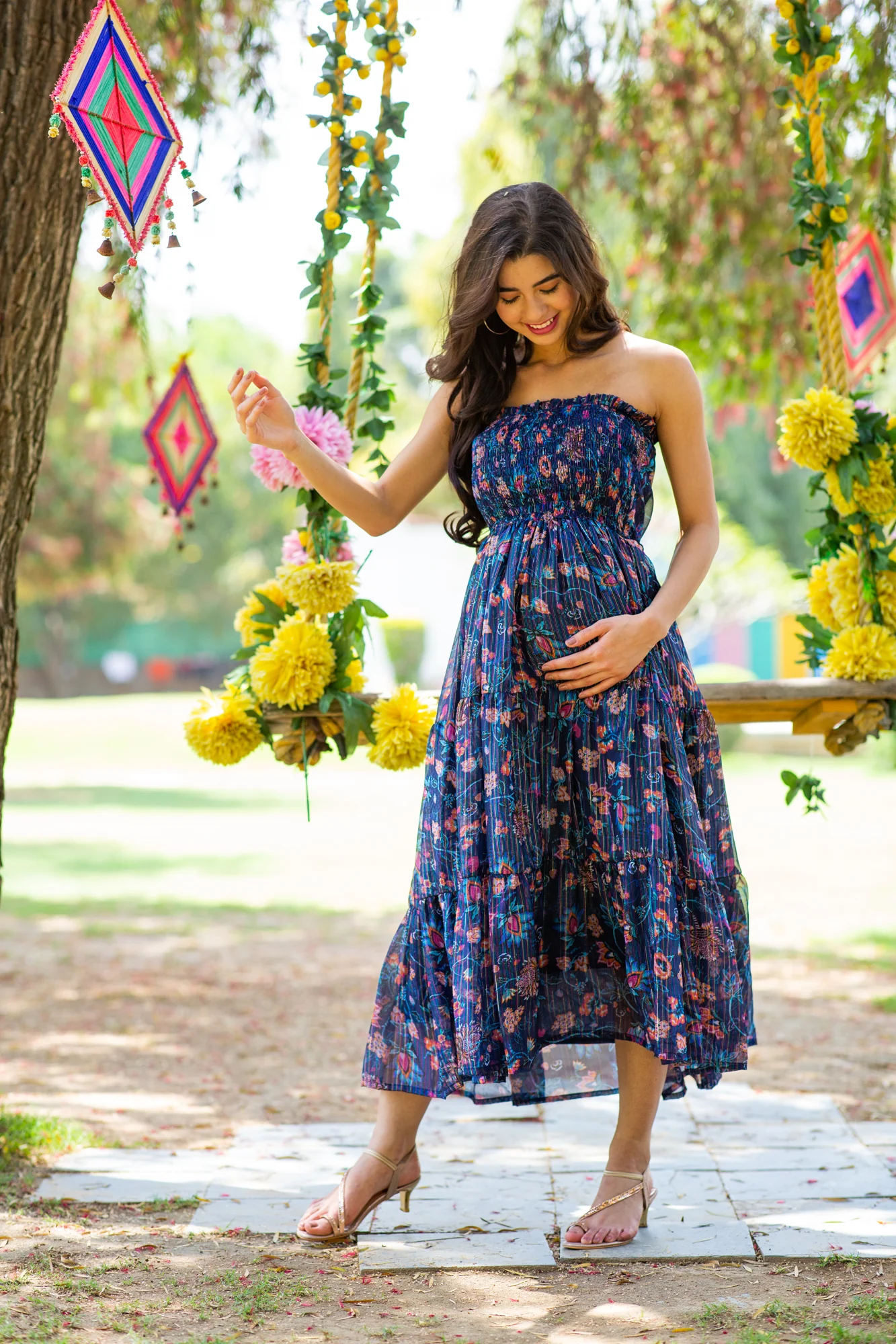 Midnight Chiffon Floral Maternity Off-Shoulder Frill Dress - Chenance
