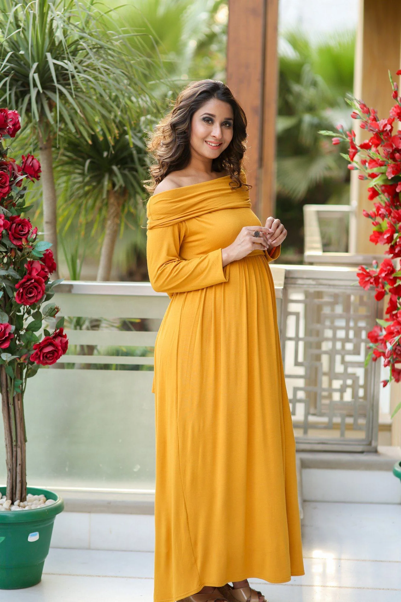 Mustard Cowl Neck Off-shoulder Lycra Maternity Maxi Dress - Chenance