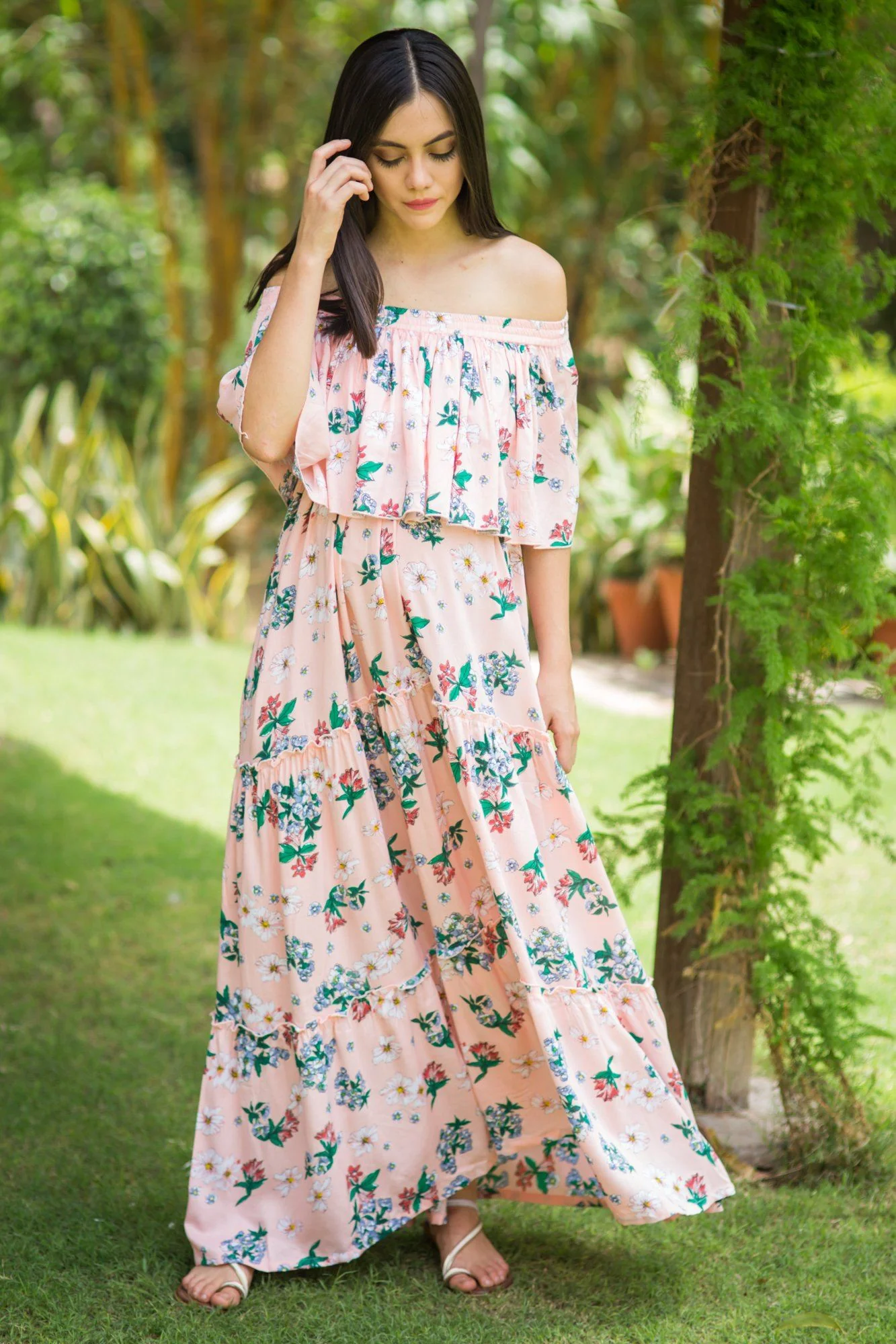 Rose Peach Off-Shoulder Maternity Maxi - Chenance