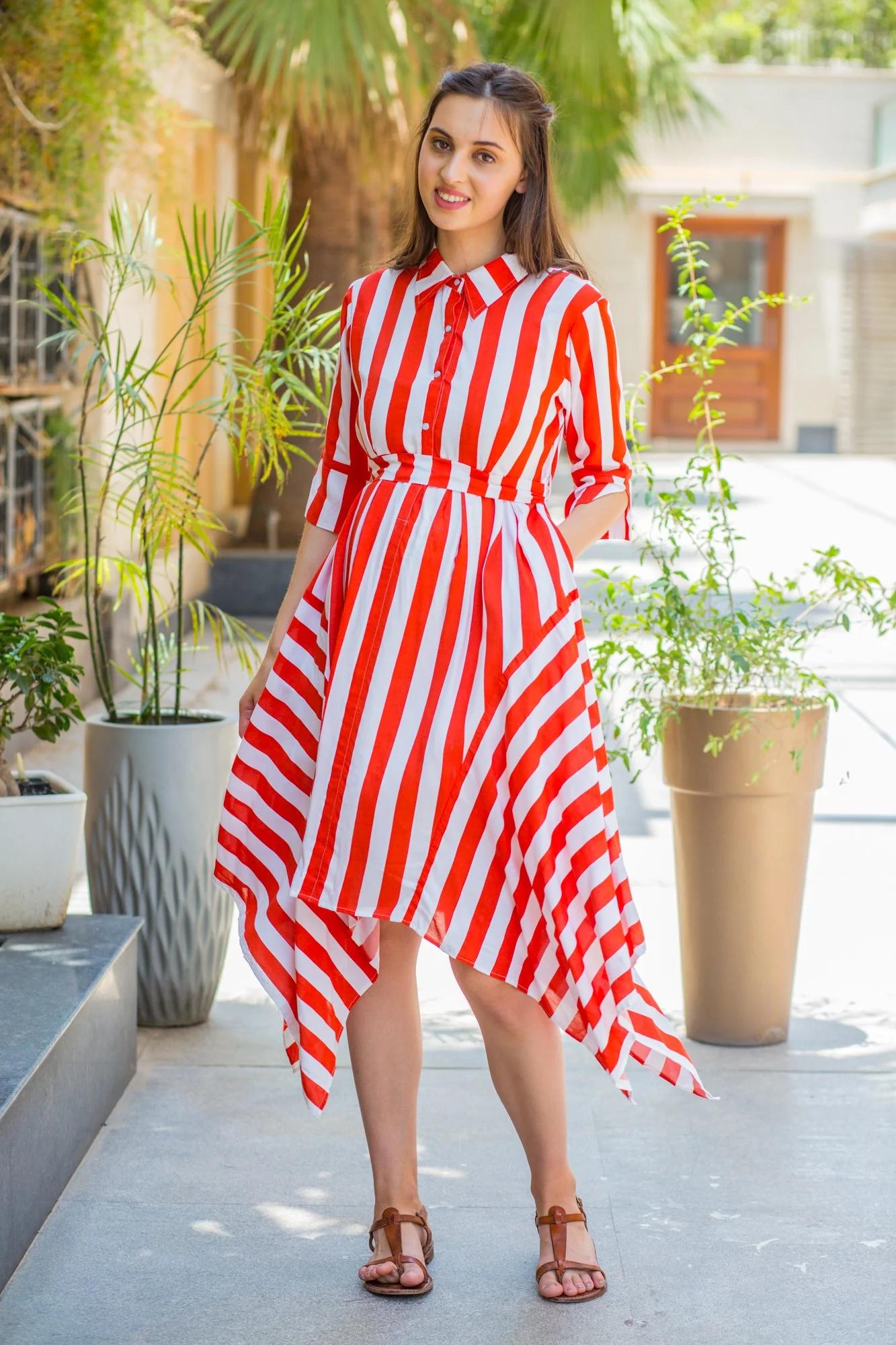 Candy Red Striped Maternity & Nursing Assymetrical Dress - Chenance