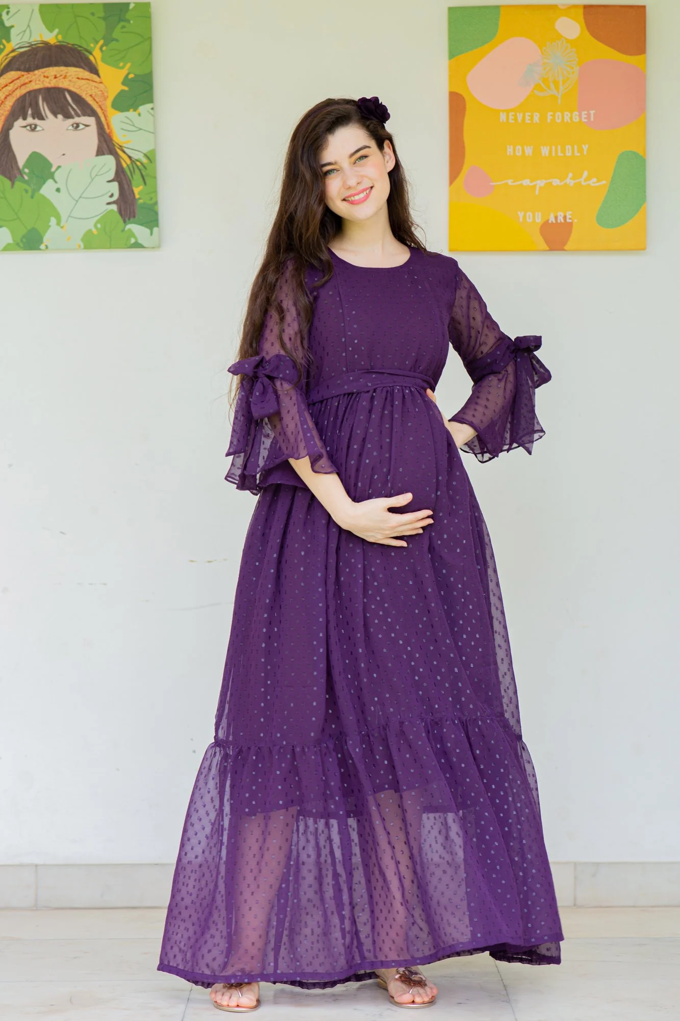 Brinjal Purple Maternity & Nursing Frill Dress - Chenance