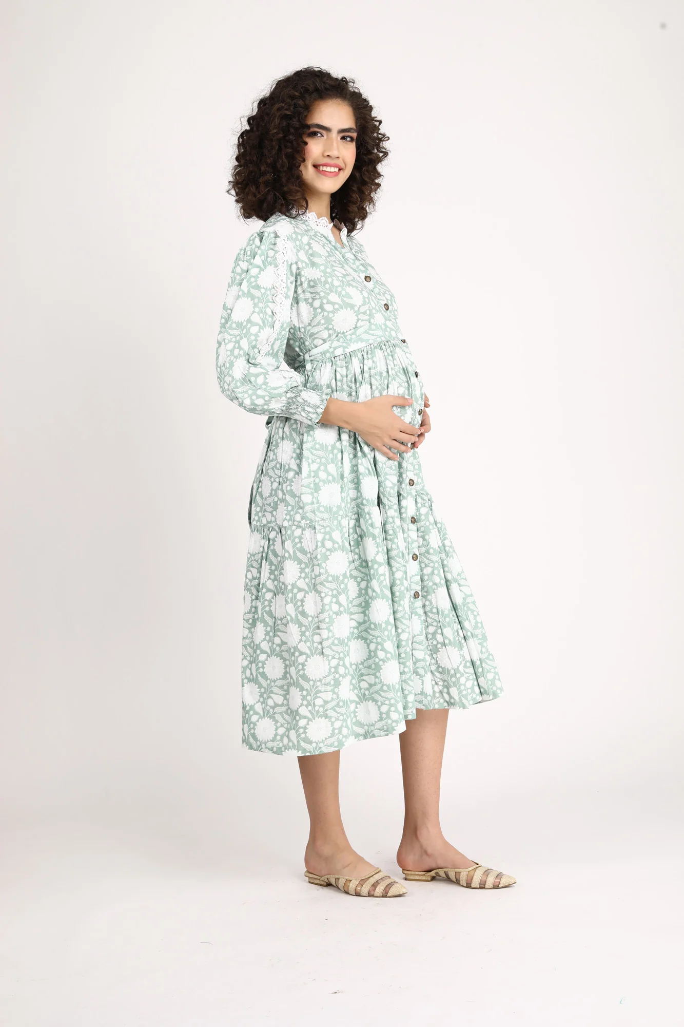 Seafoam Maternity & Nursing Gathered Dress (100% Cotton) - Chenance