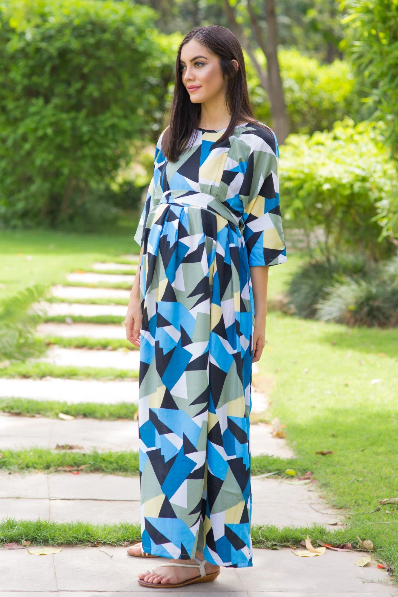 Azure Aztec Concealed Zip Maternity & Nursing Maxi - Chenance