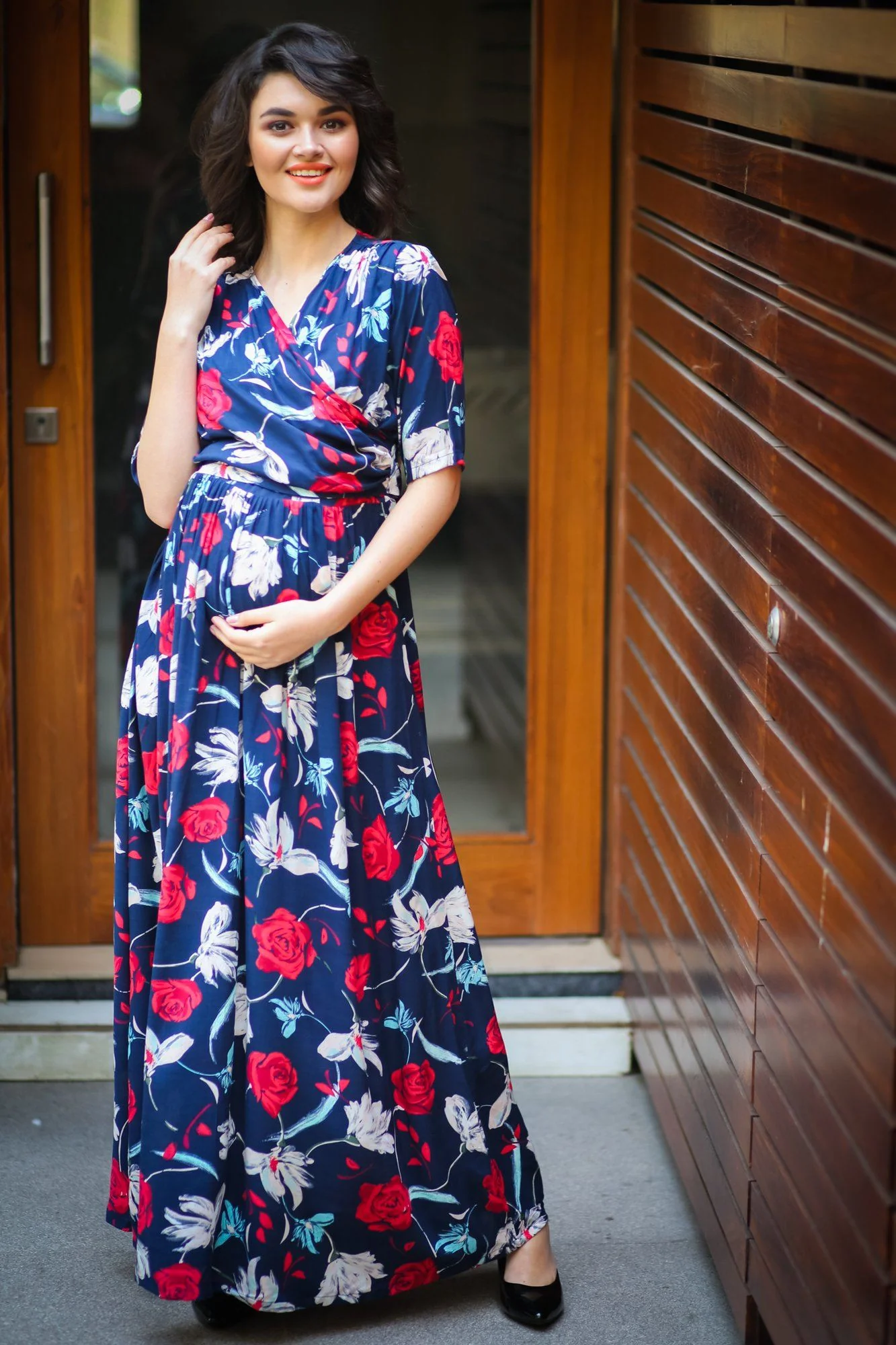 Blue Red Floral Maternity & Nursing Wrap Dress - Chenance