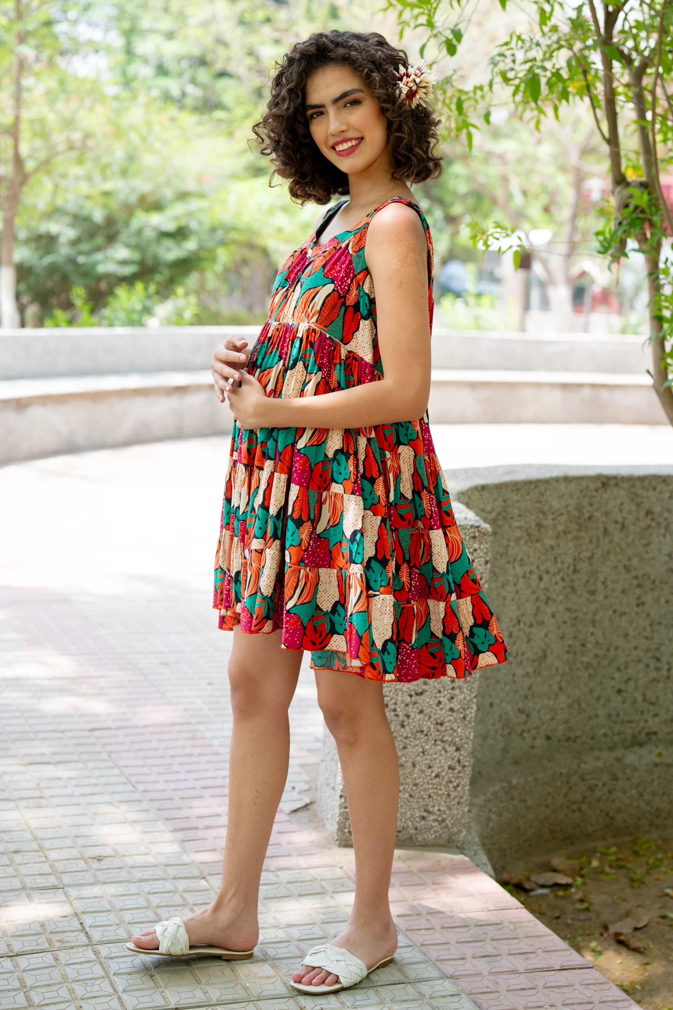 Retro Fruit Punch Maternity & Nursing Tiered Knee Dress - Chenance