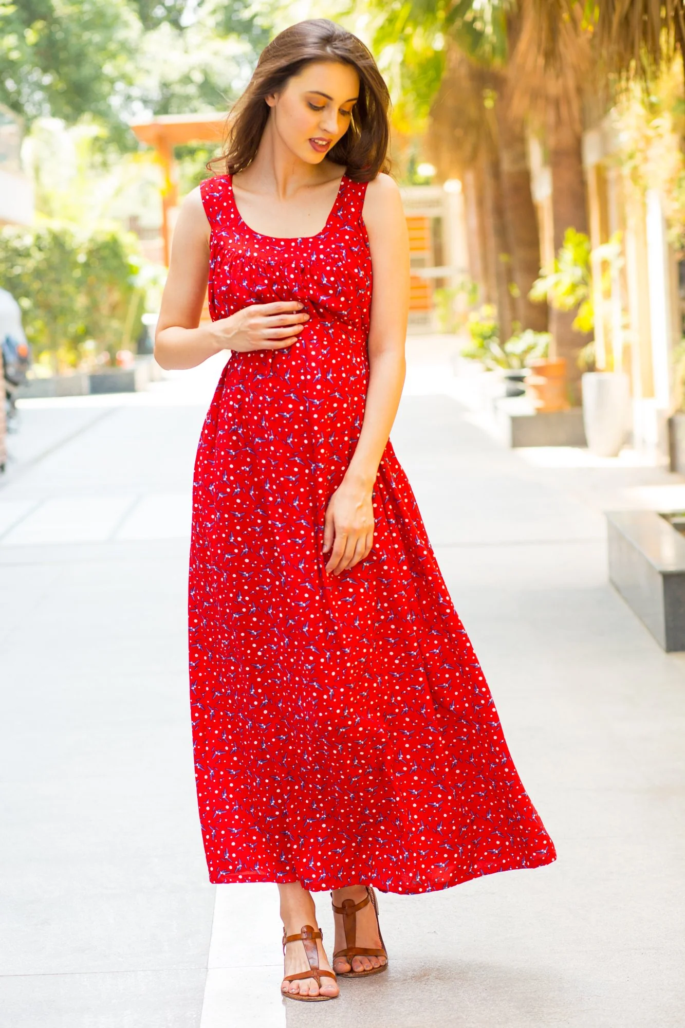 Red Floral Sleeveless Maternity Maxi Dress - Chenance