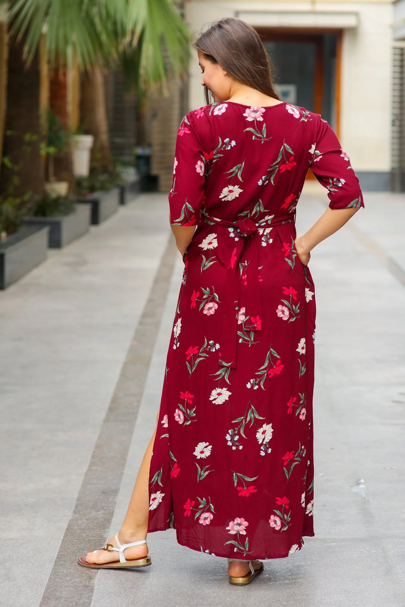 Burgundy Floral Side Slit Concealed Zips Feeding Dress - Chenance