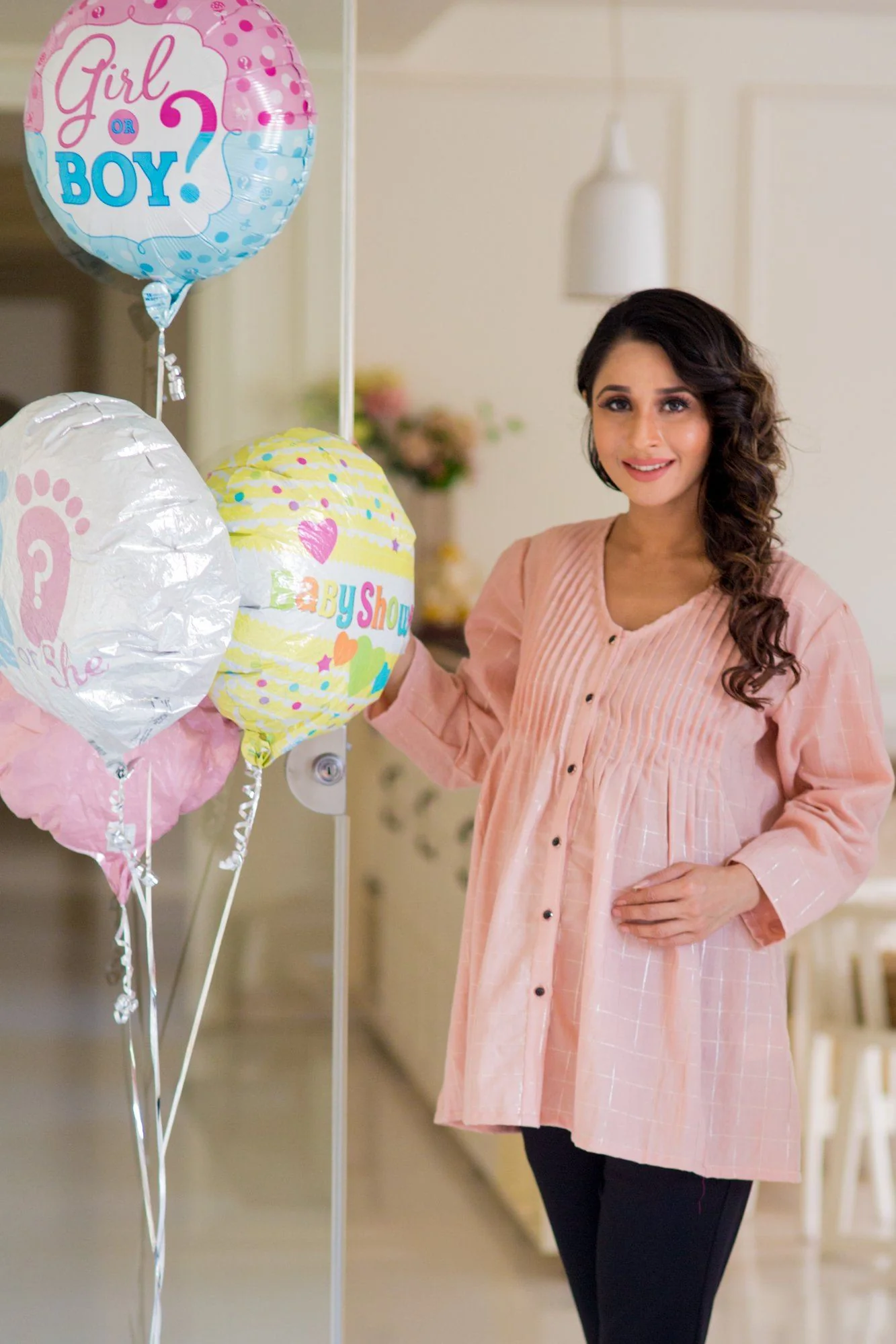 Gold Embellished Peach Pintucks Maternity Top - Chenance