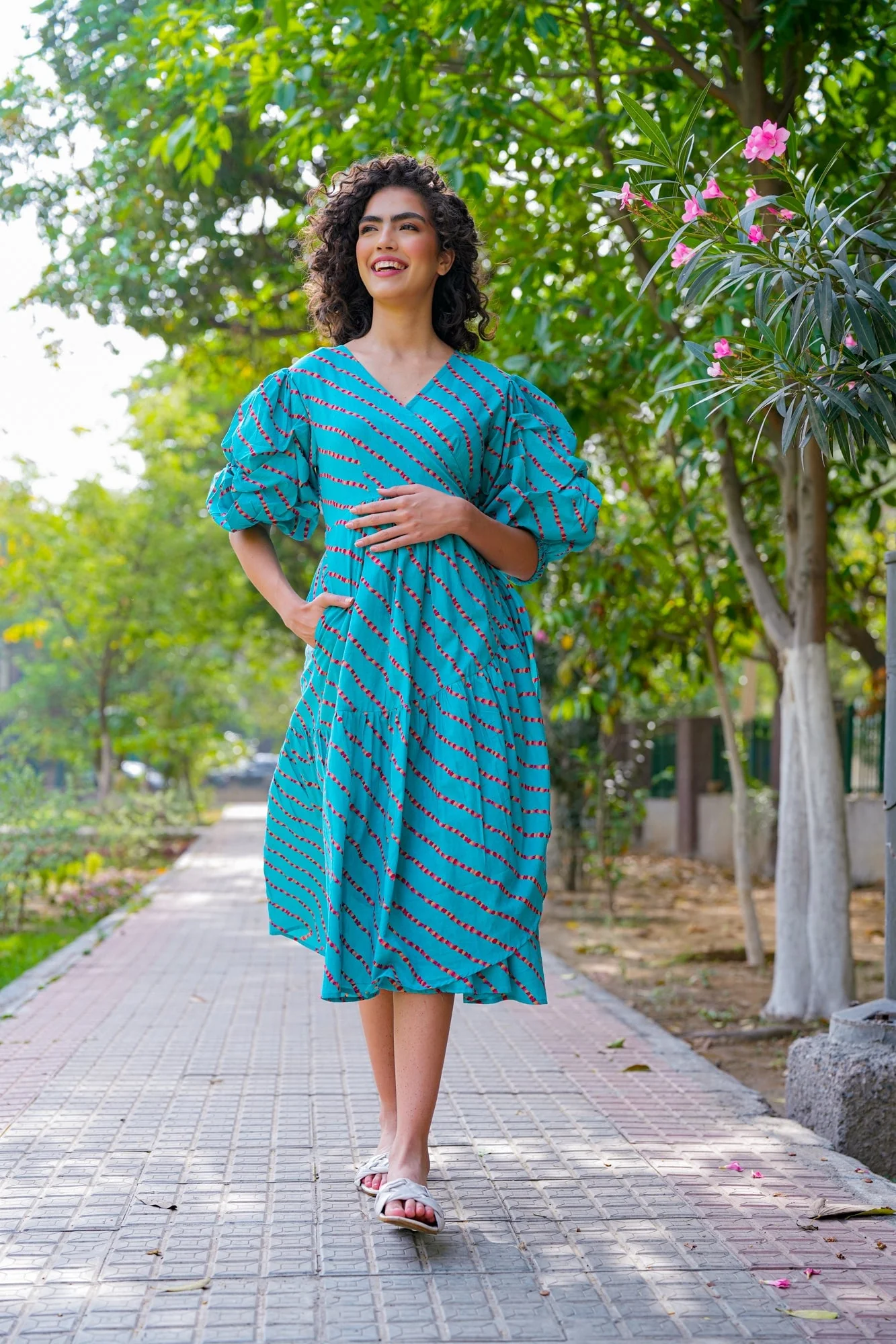 Charming Cerulean Blue Maternity & Nursing Frill Wrap Dress (100% Cotton) - Chenance