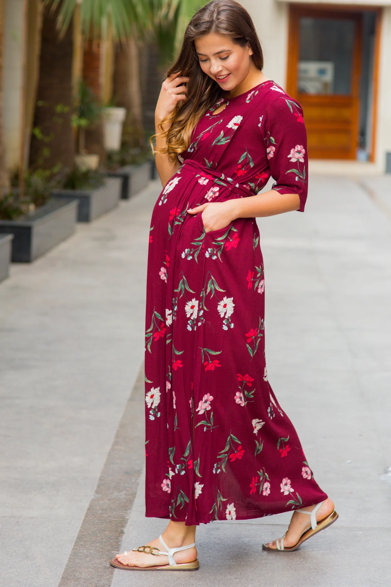 Burgundy Floral Side Slit Concealed Zips Feeding Dress - Chenance
