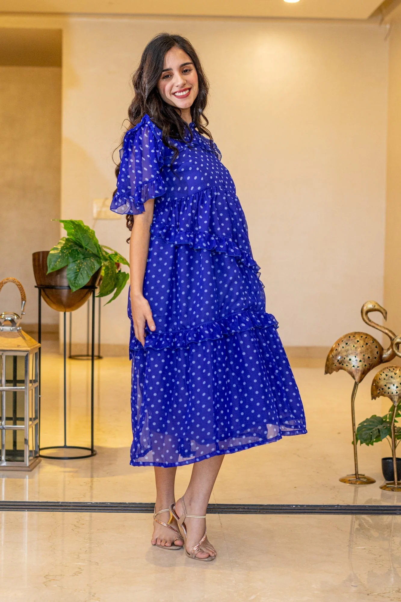 Breezy Cobalt Blue Polka Maternity & Nursing Frill Dress - Chenance