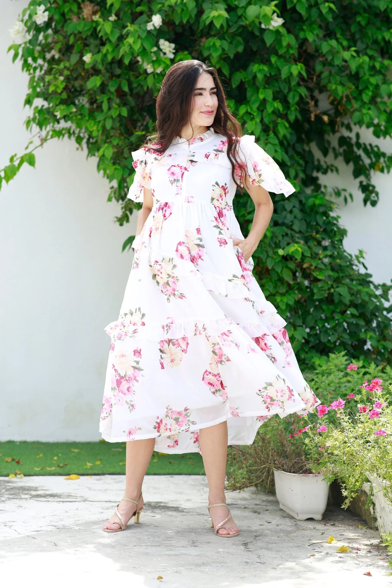 Soothing White Floral Maternity & Nursing Frill Dress - Chenance