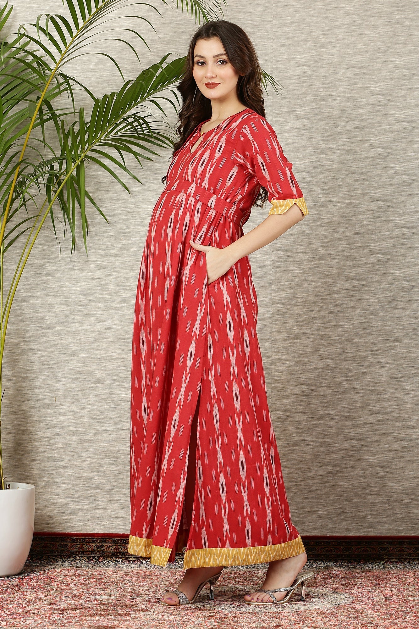 Pleasing Crimson Ikat Side Slit Long Maternity & Nursing Dress (100% Cotton) - Chenance